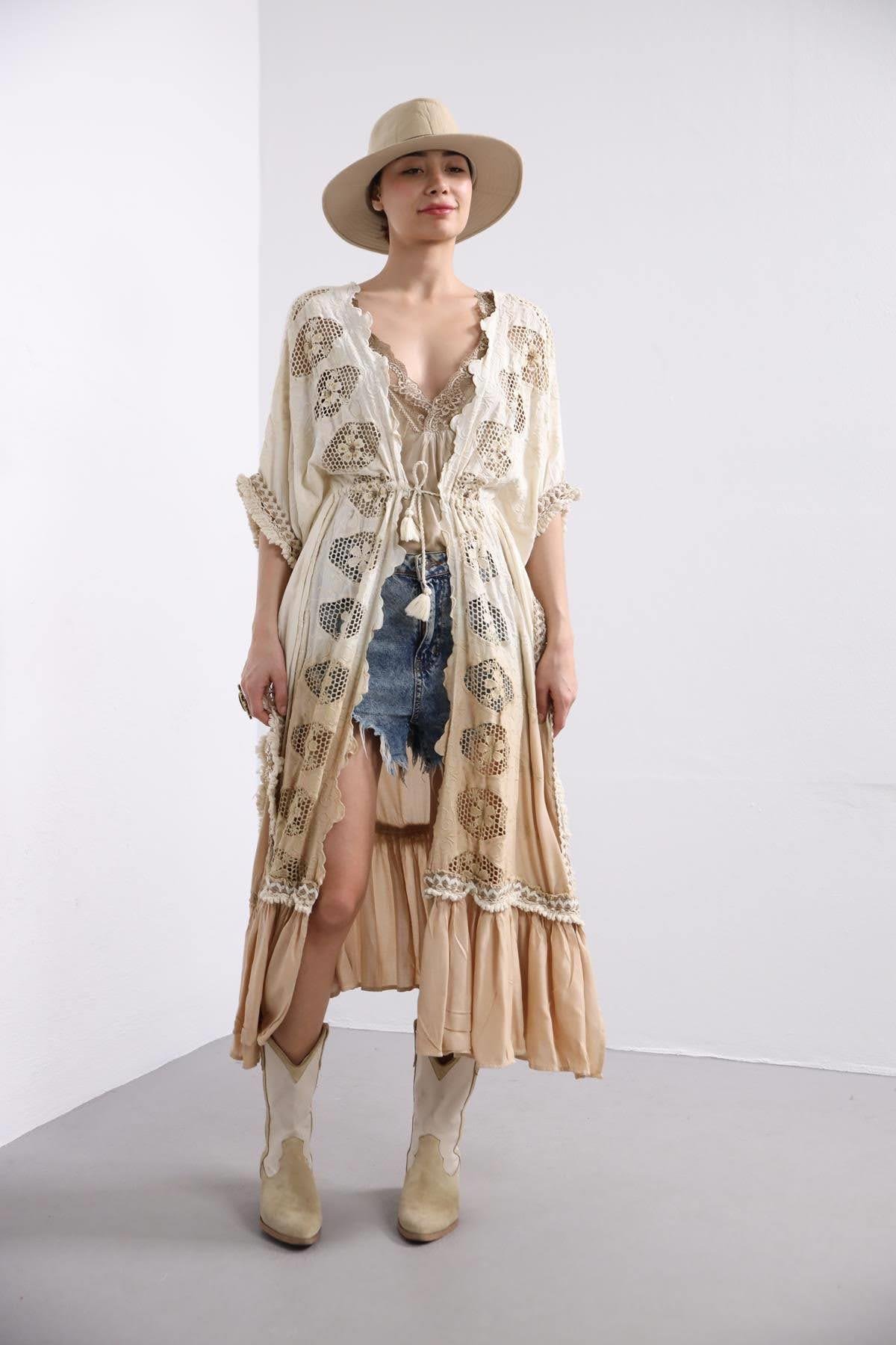 Krem Rengi Güpürlü Bohem Kaftan - Şaman Butik Krem Rengi Güpürlü Bohem Kaftan