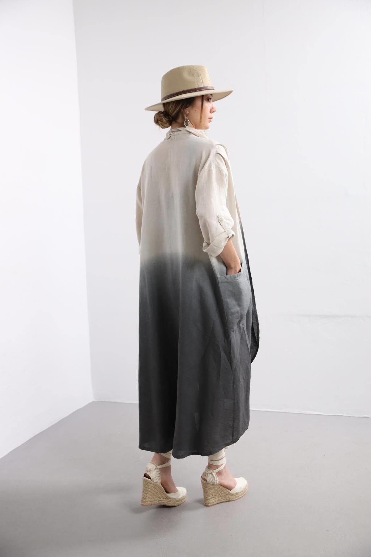  Krem Rengi  Renk Geçişli Keten Kaftan