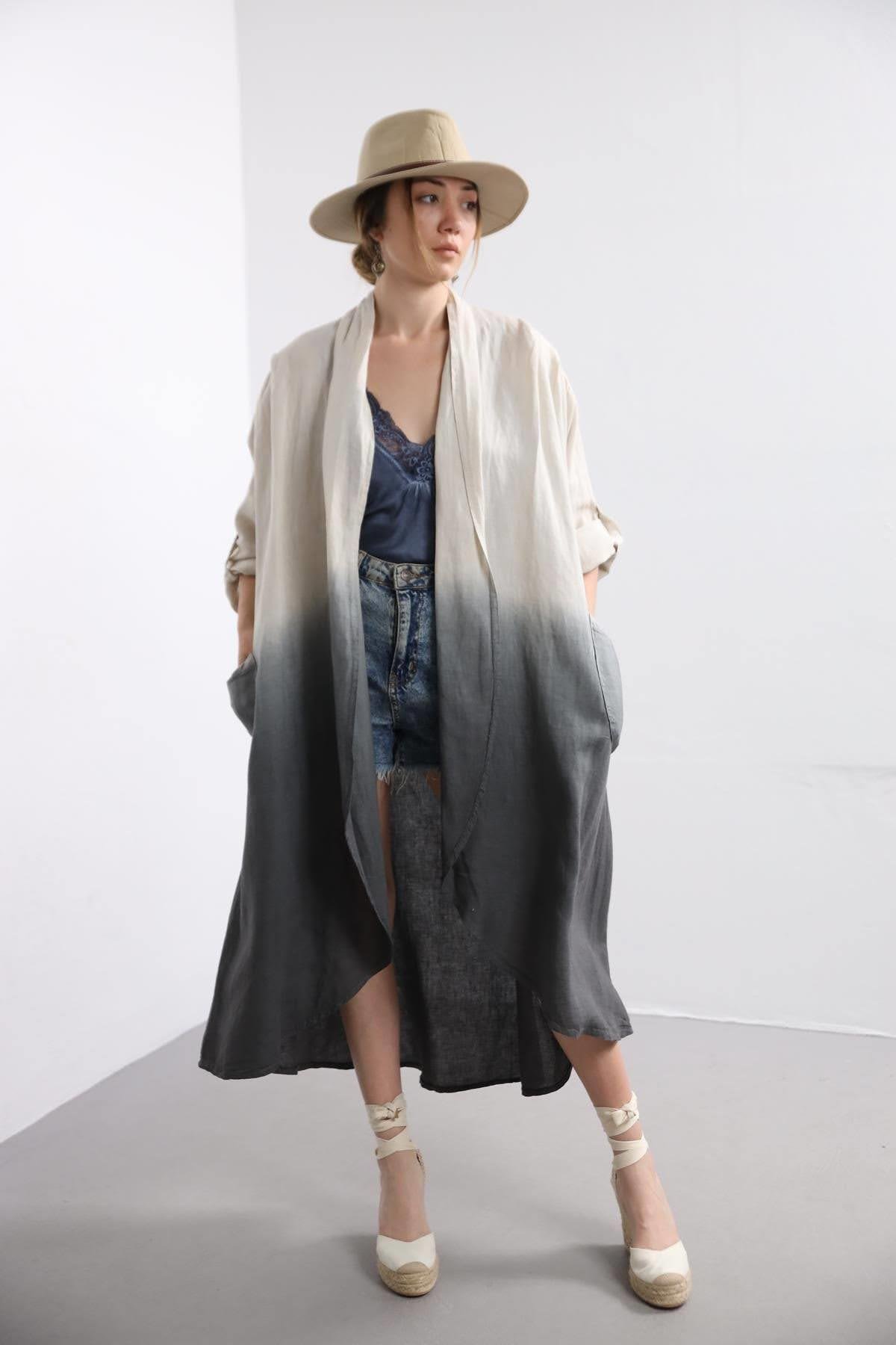  Krem Rengi  Renk Geçişli Keten Kaftan