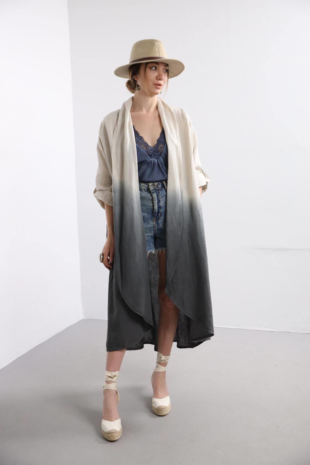  Krem Rengi  Renk Geçişli Keten Kaftan