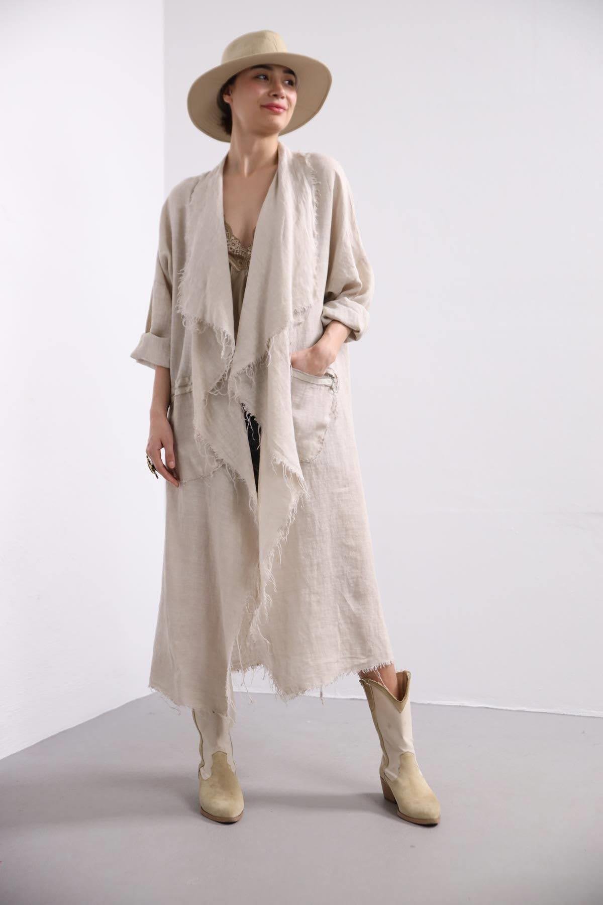 Krem Rengi Saçaklı Cebi Fermuarlı Keten Kaftan - Şaman Butik Krem Rengi Saçaklı Cebi Fermuarlı Keten Kaftan