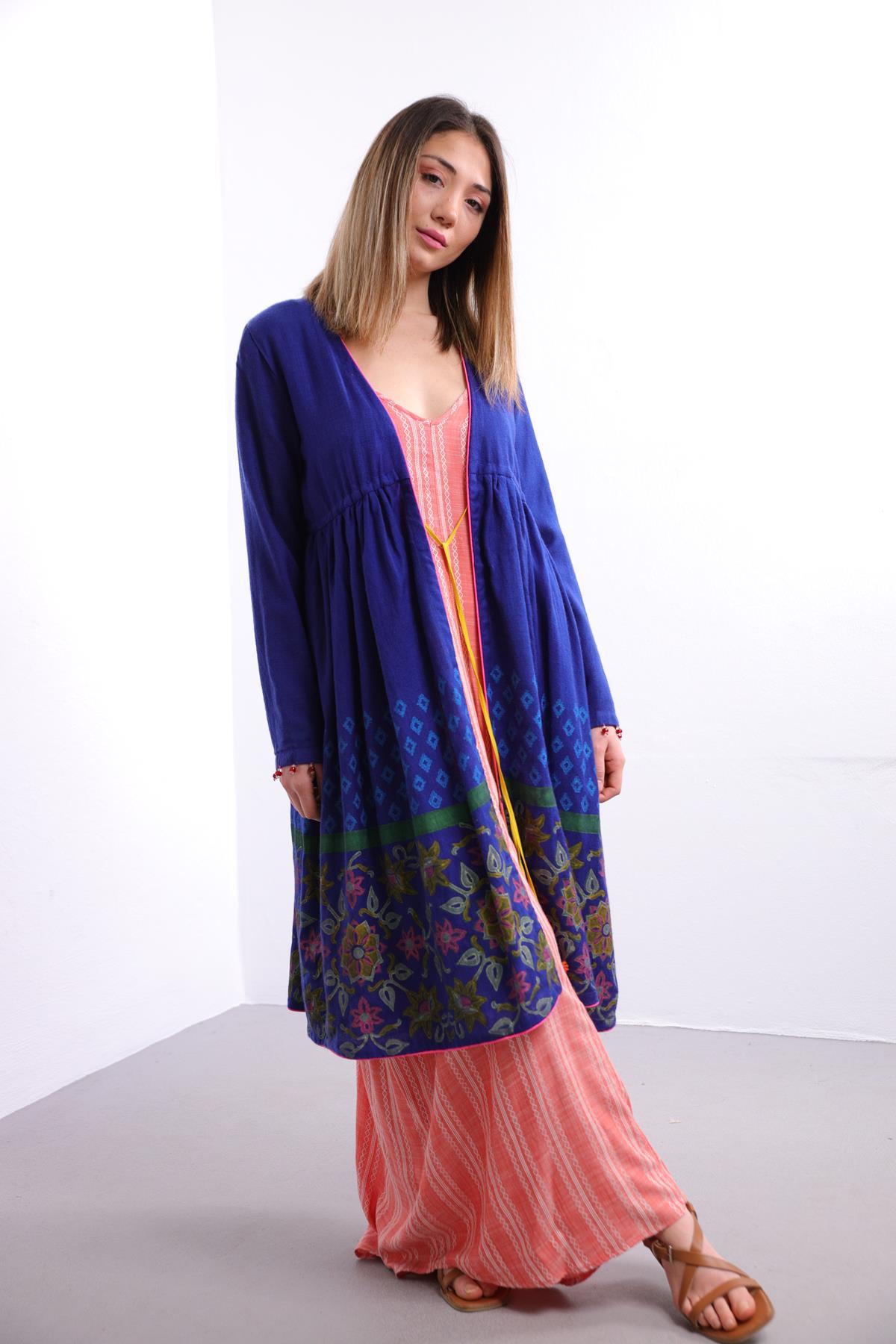 Lacivert Desenli Manşetli Boncuklu Kaftan - Şaman Butik Lacivert Desenli Manşetli Boncuklu Kaftan