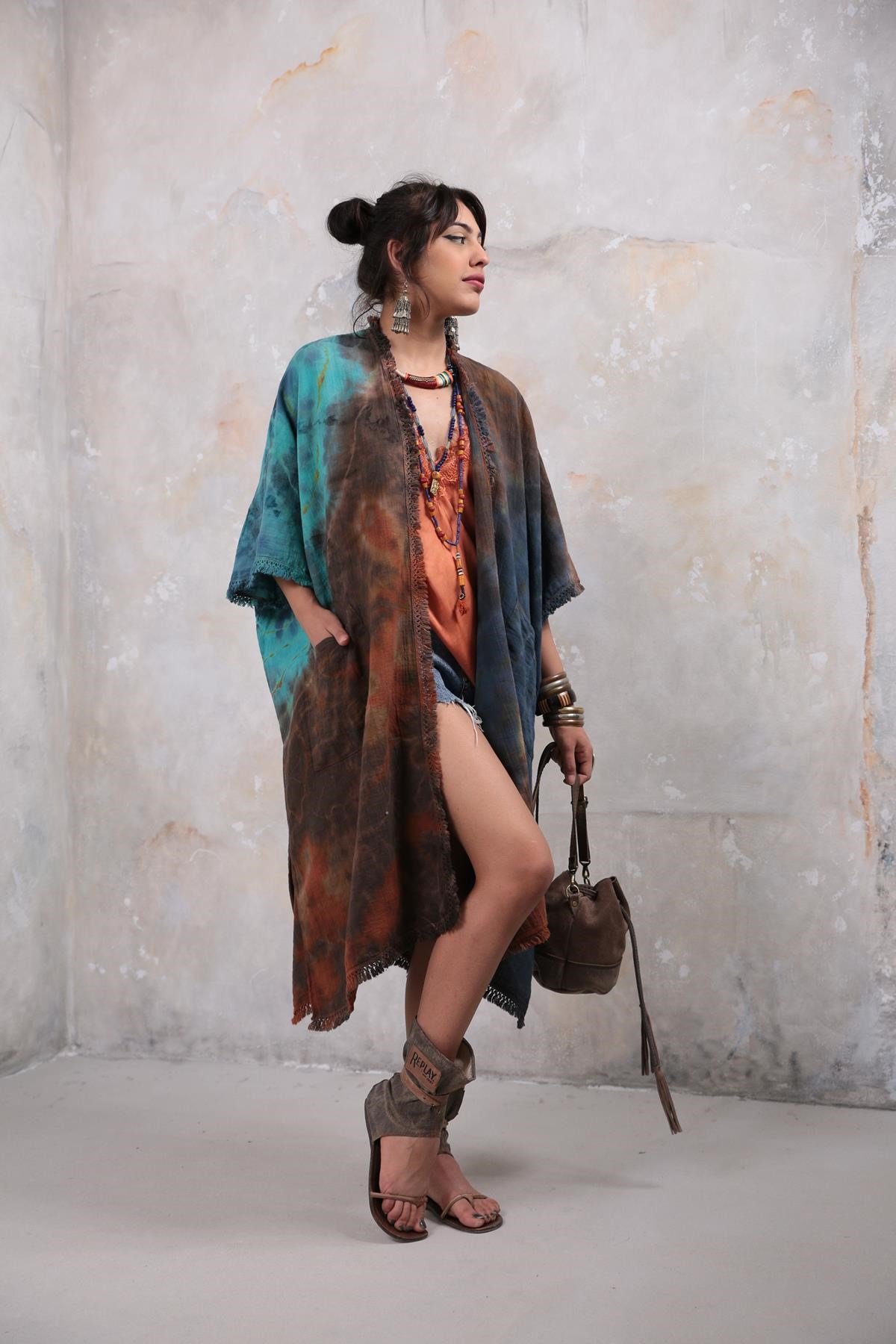  Lacivert Kahve Desenli Batikli Kaftan