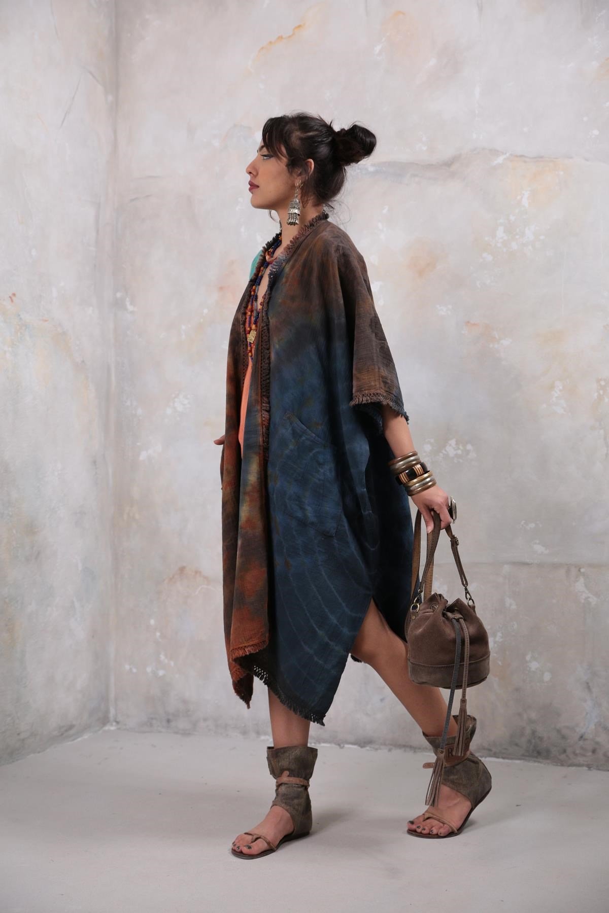 Lacivert Kahve Desenli Batikli Kaftan