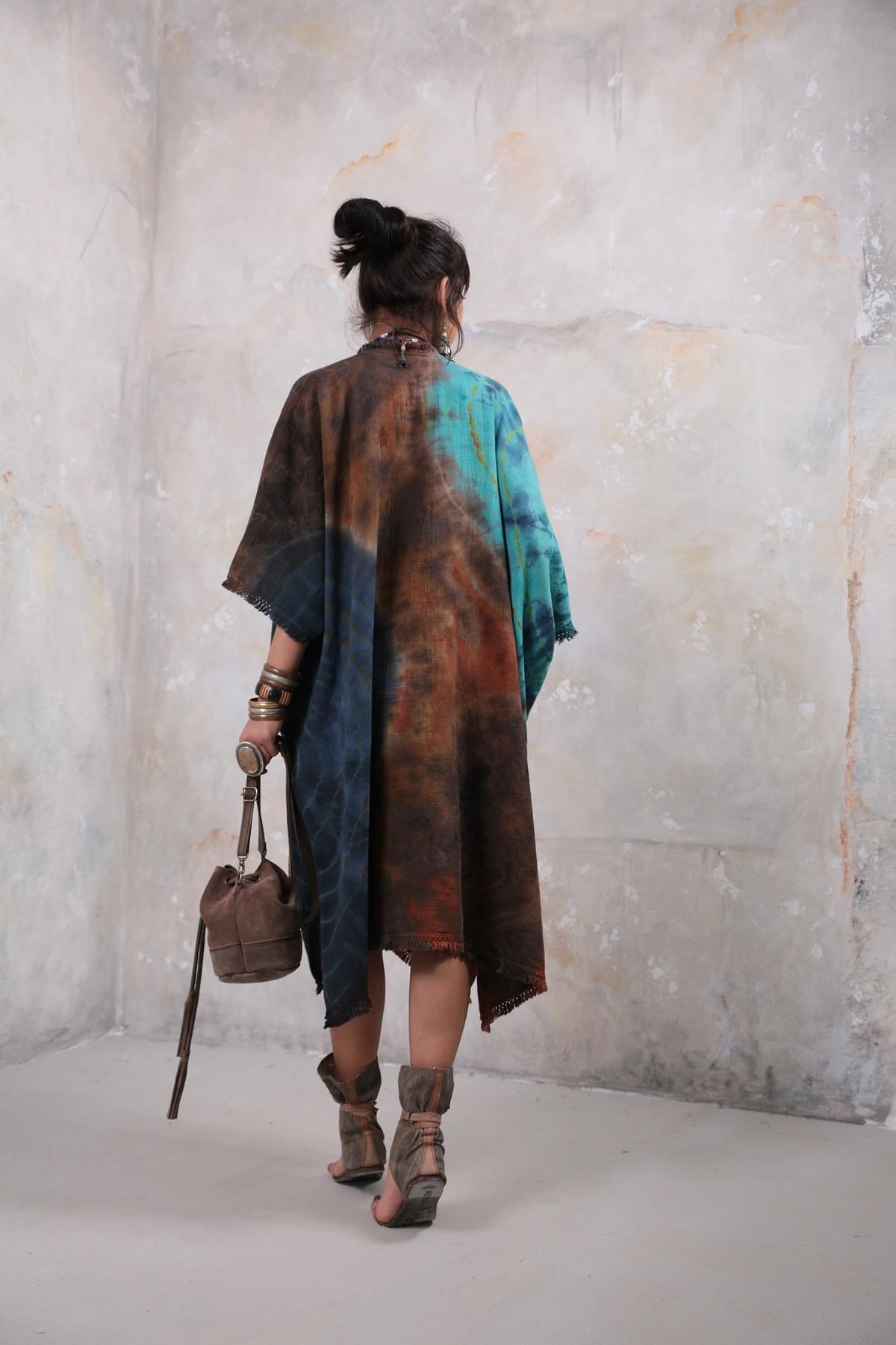  Lacivert Kahve Desenli Batikli Kaftan