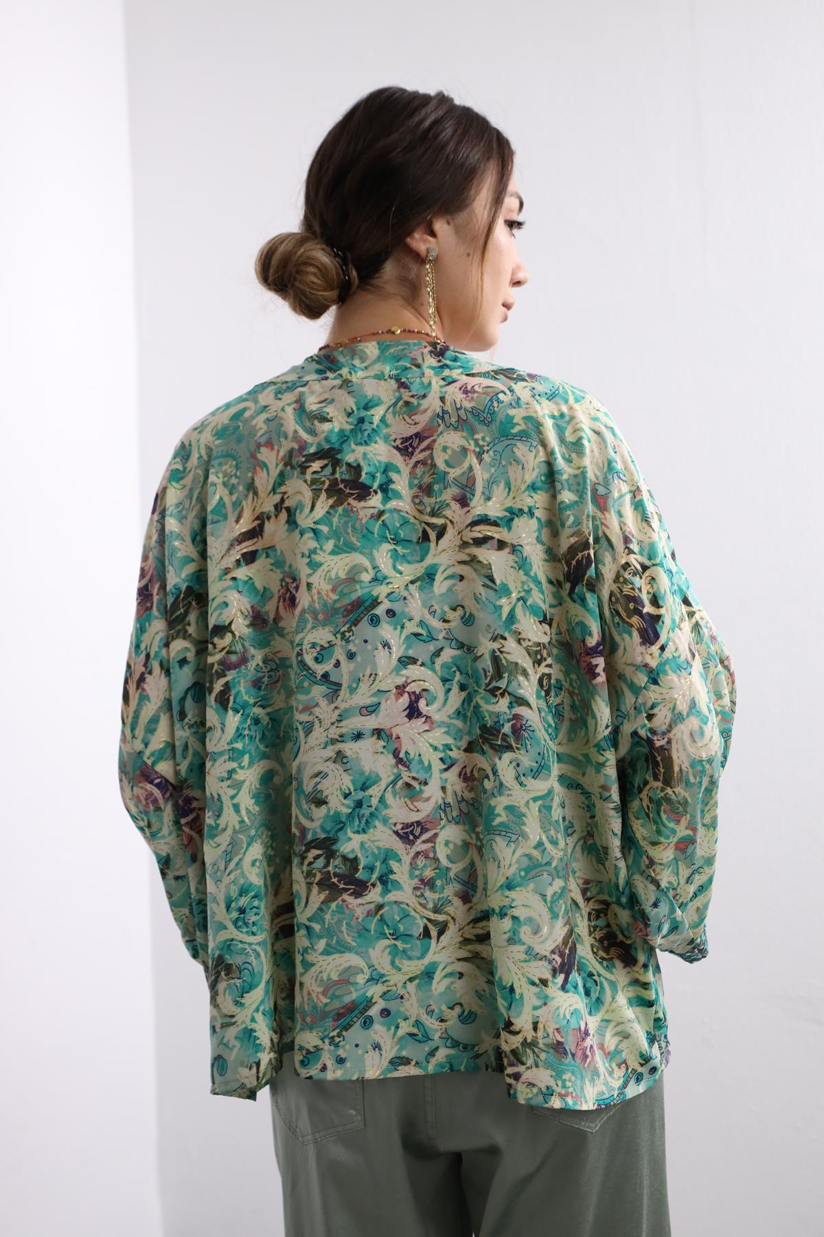  Mint Yeşili Aynalı İşlemeli Kısa Kimono