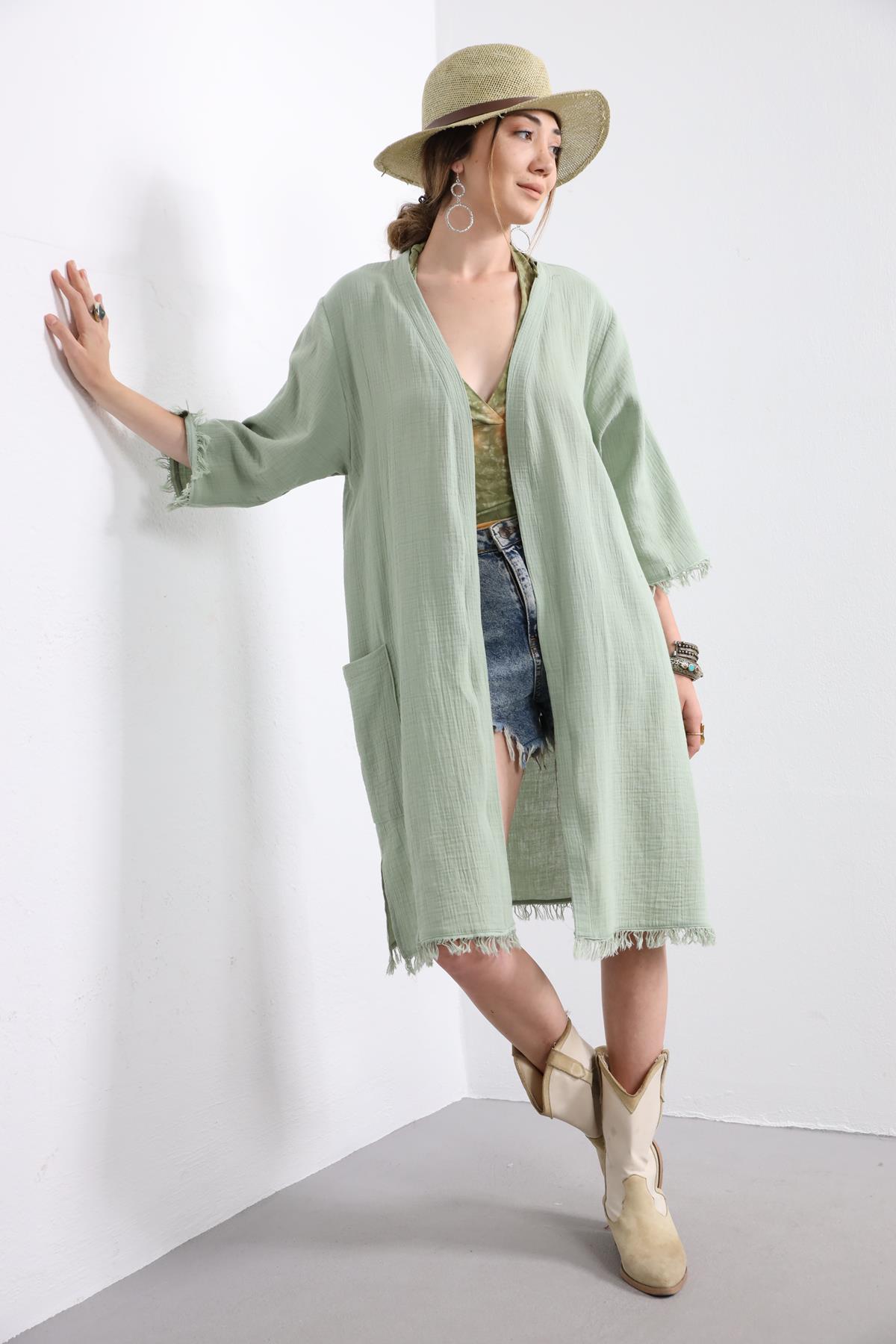 Mint Yeşili Püsküllü Müslin Kaftan - Şaman Butik Mint Yeşili Püsküllü Müslin Kaftan