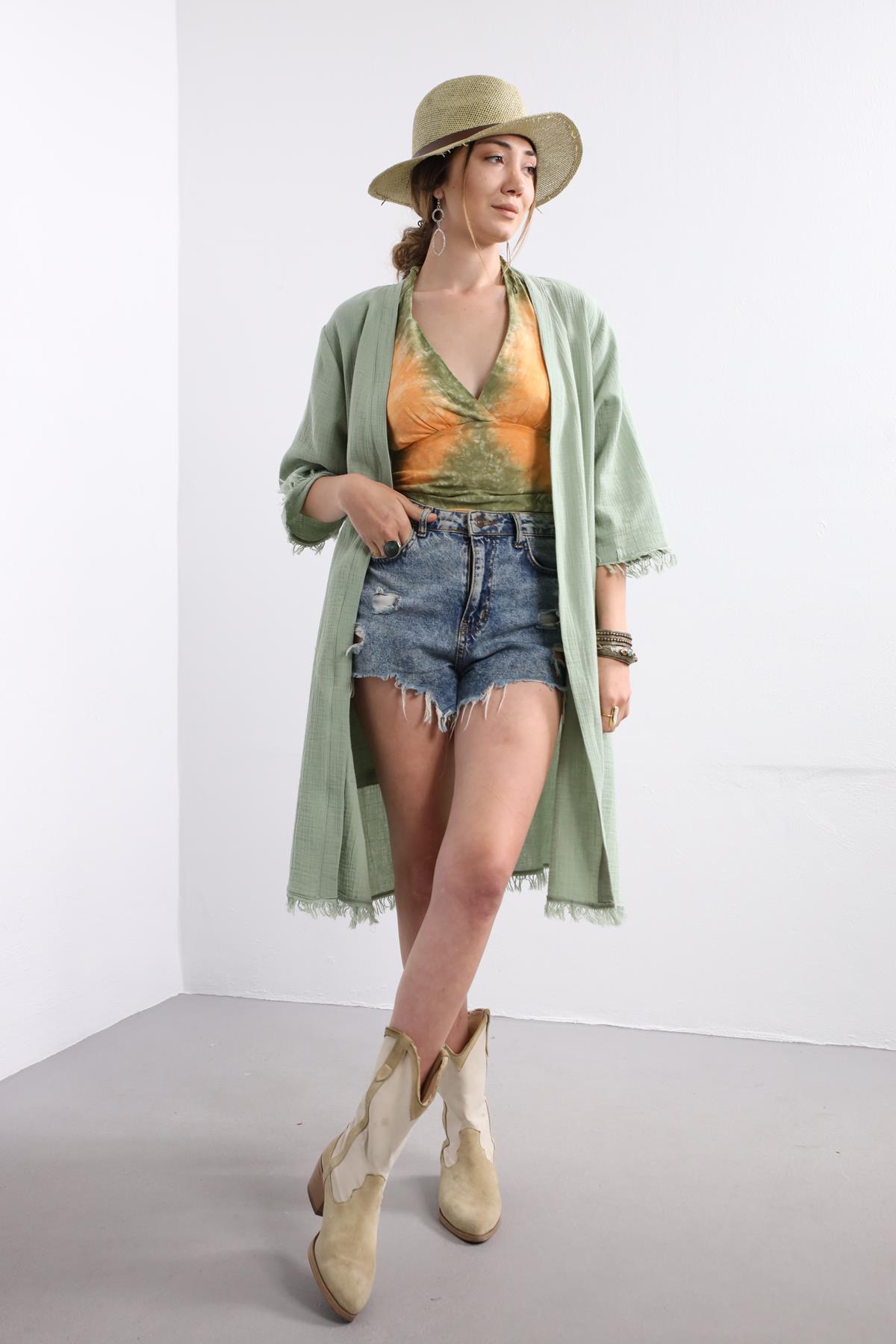 Mint Yeşili Püsküllü Müslin Kaftan - Şaman Butik Mint Yeşili Püsküllü Müslin Kaftan