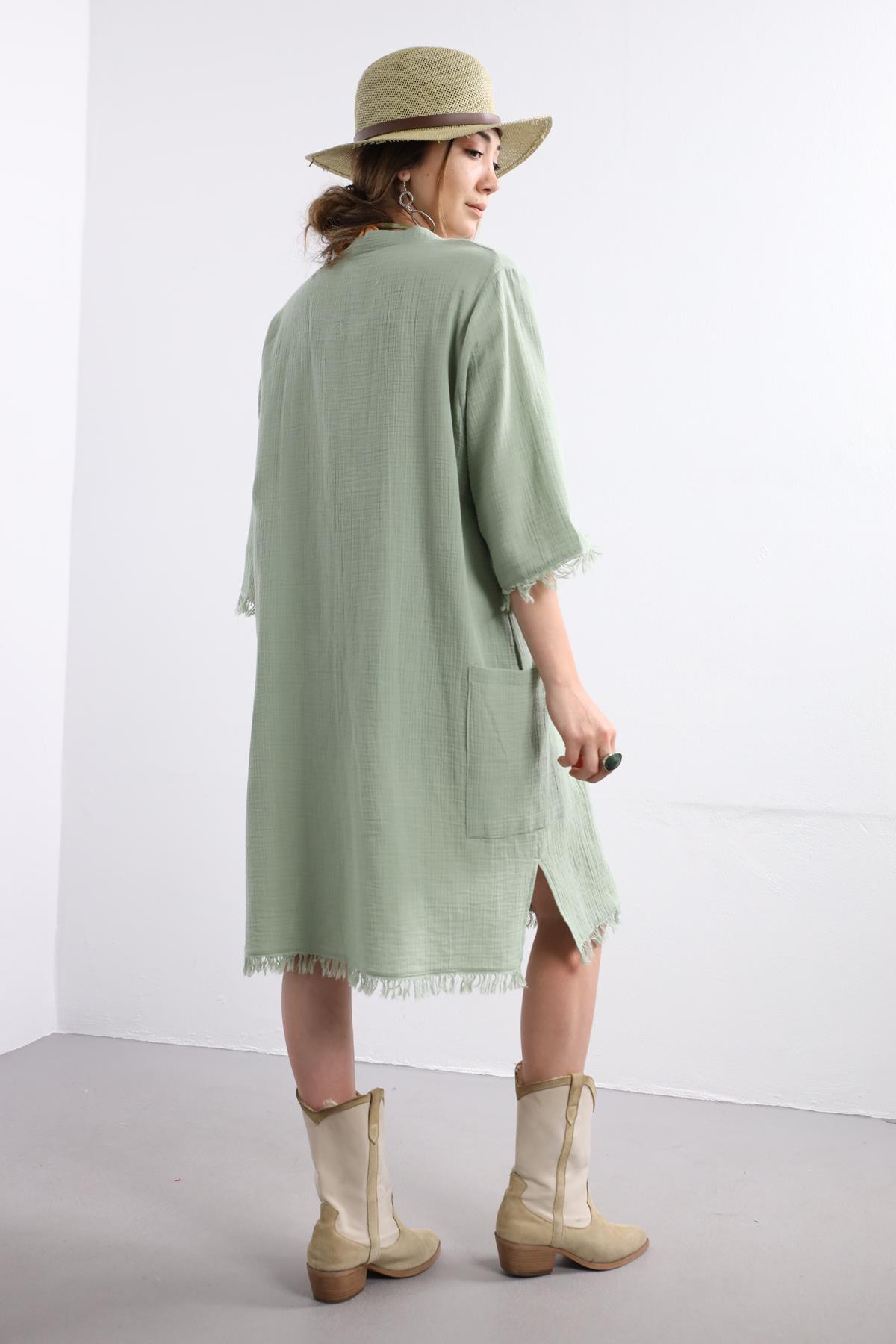 Mint Yeşili Püsküllü Müslin Kaftan - Şaman Butik Mint Yeşili Püsküllü Müslin Kaftan
