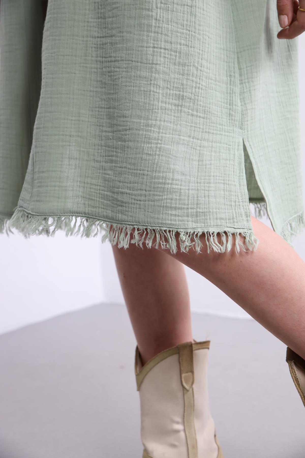  Mint Yeşili Püsküllü Müslin Kaftan
