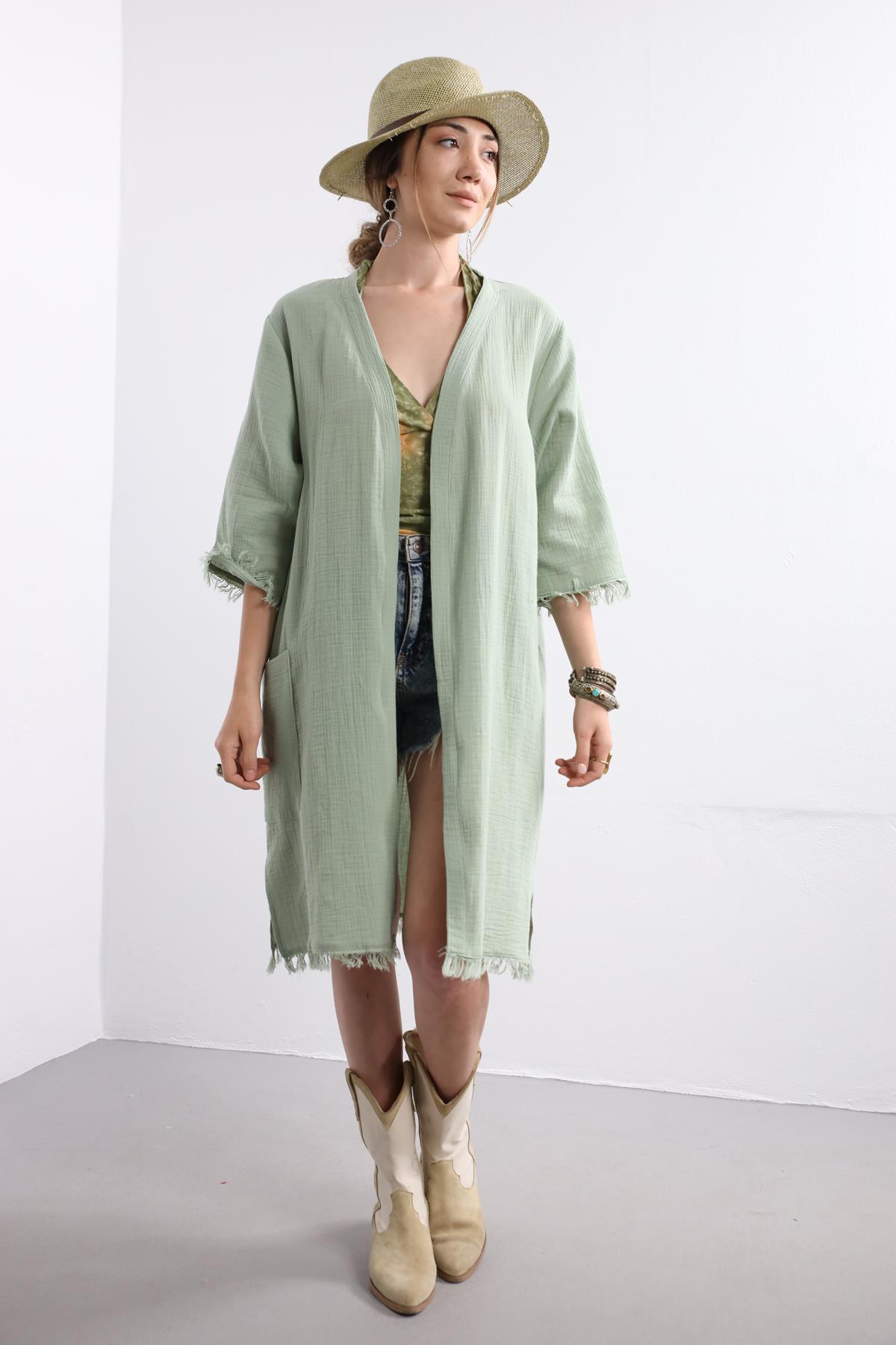 Mint Yeşili Püsküllü Müslin Kaftan - Şaman Butik Mint Yeşili Püsküllü Müslin Kaftan