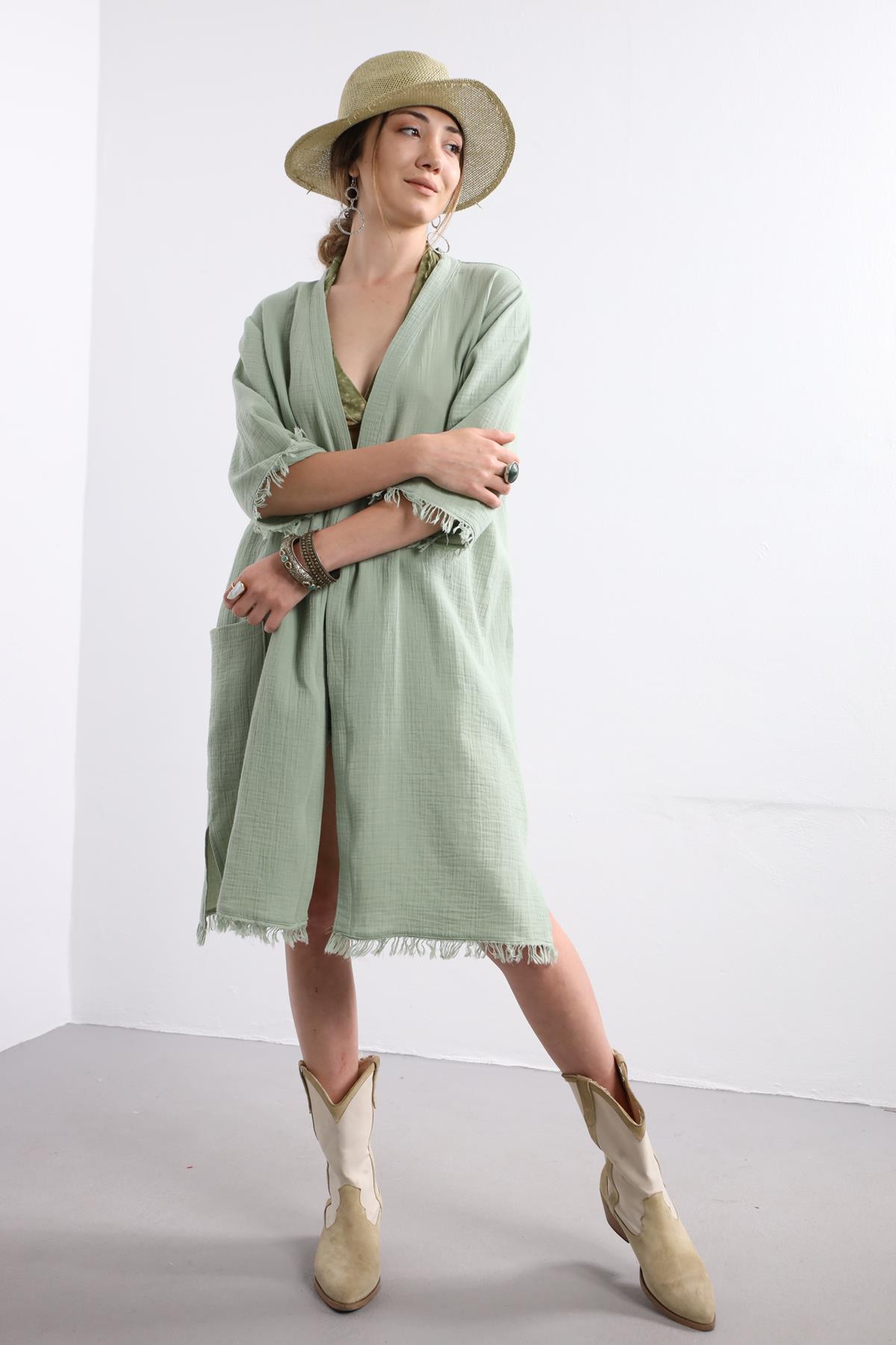 Mint Yeşili Püsküllü Müslin Kaftan - Şaman Butik Mint Yeşili Püsküllü Müslin Kaftan