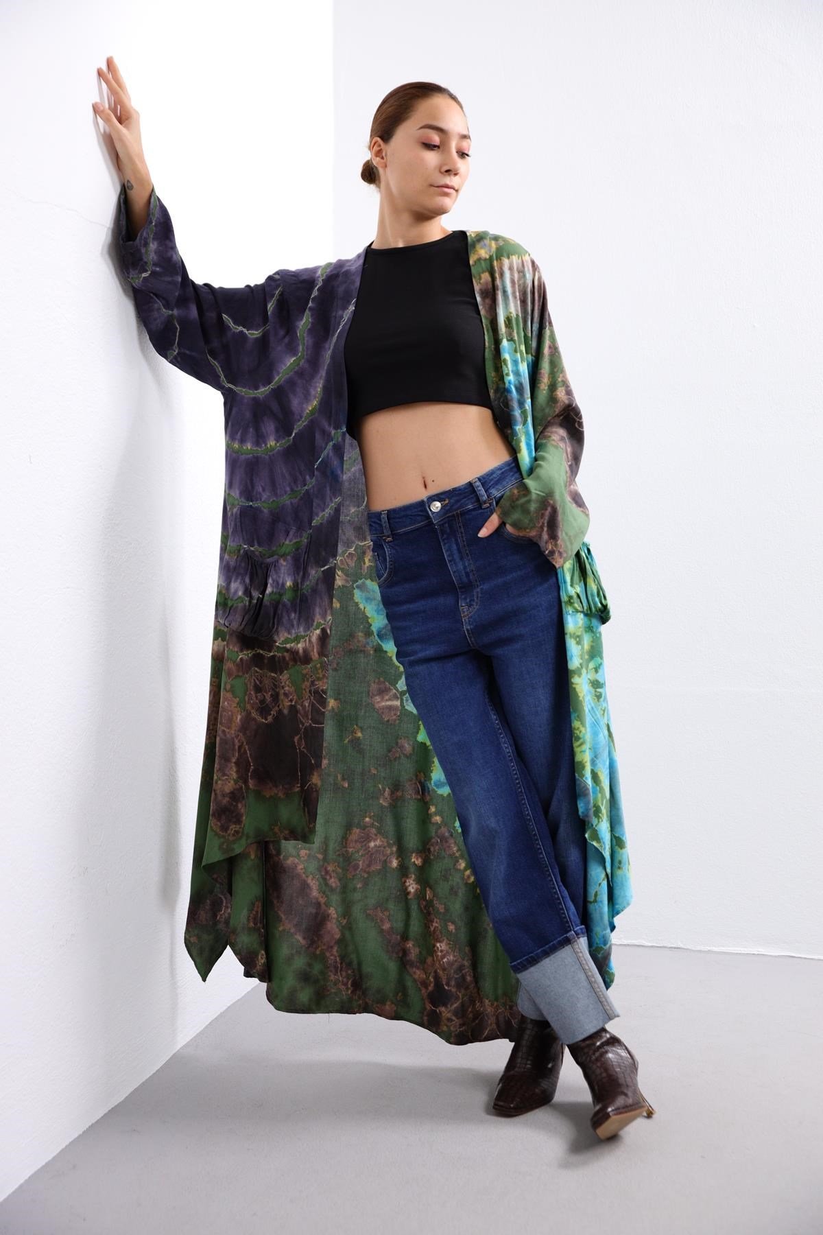 Mor Batik Desenli Cep Detay Kaftan - Şaman Butik Mor Batik Desenli Cep Detay Kaftan 