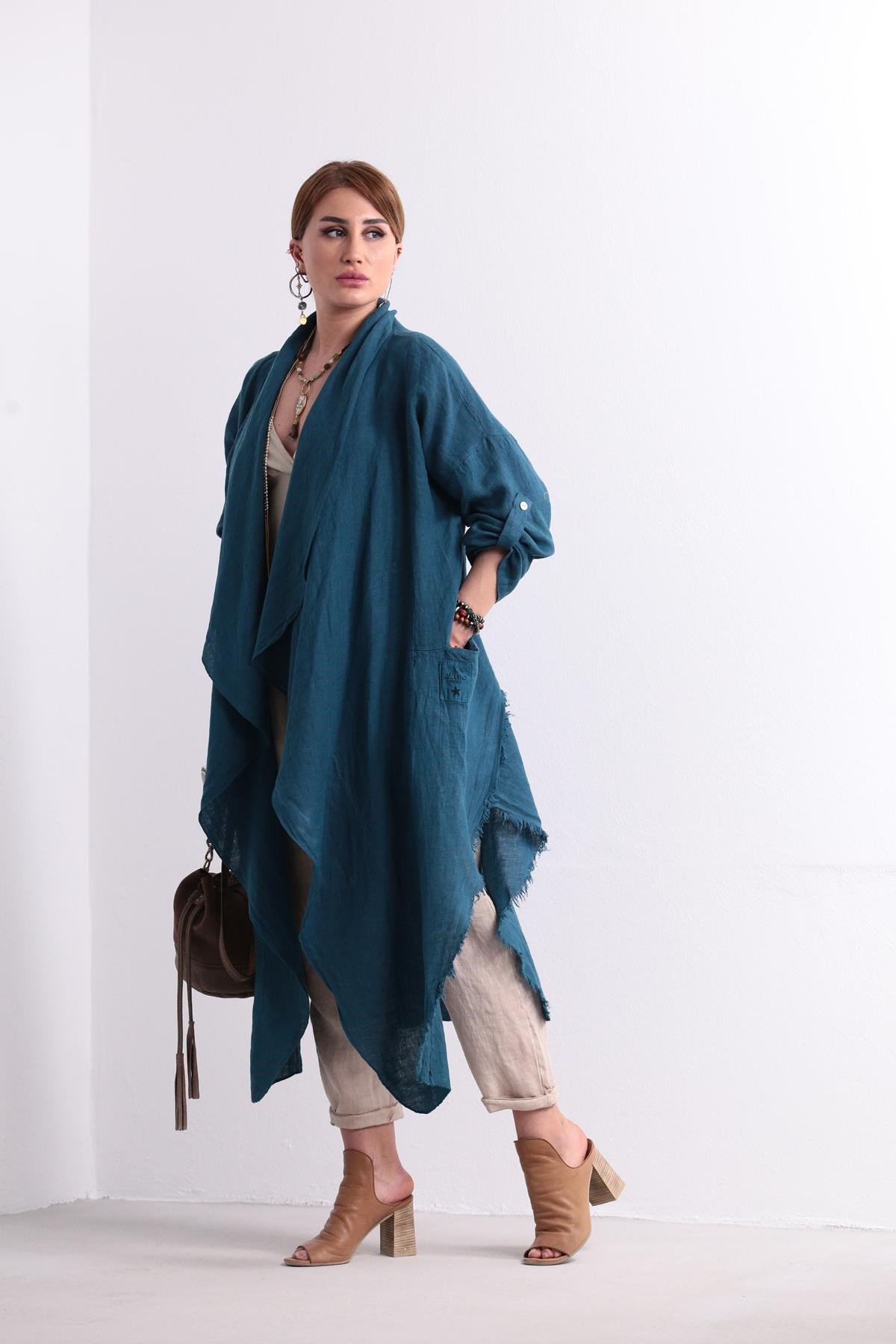 Petrol Mavisi Asimetrik Keten Kaftan - Şaman Butik Petrol Mavisi Asimetrik Keten Kaftan