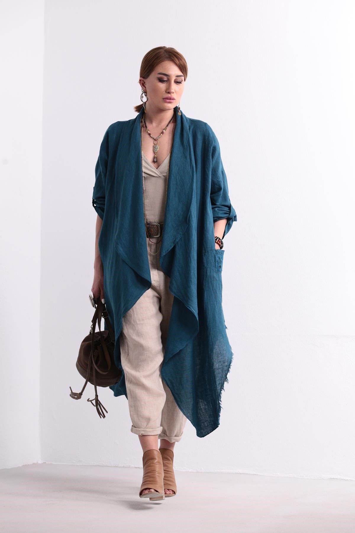 Petrol Mavisi Asimetrik Keten Kaftan - Şaman Butik Petrol Mavisi Asimetrik Keten Kaftan