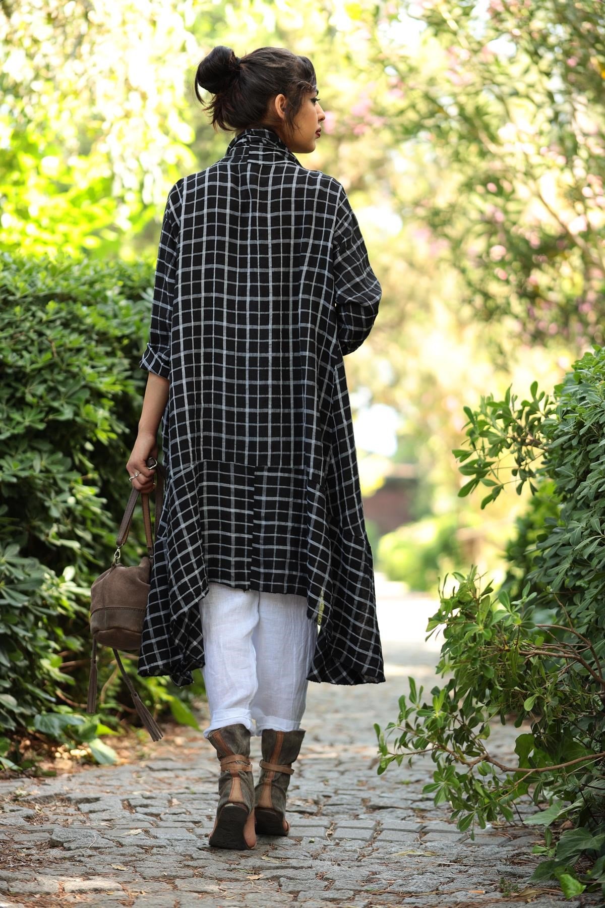 Siyah Kareli Cepli Keten Kaftan - Şaman Butik Siyah Kareli Cepli Keten Kaftan