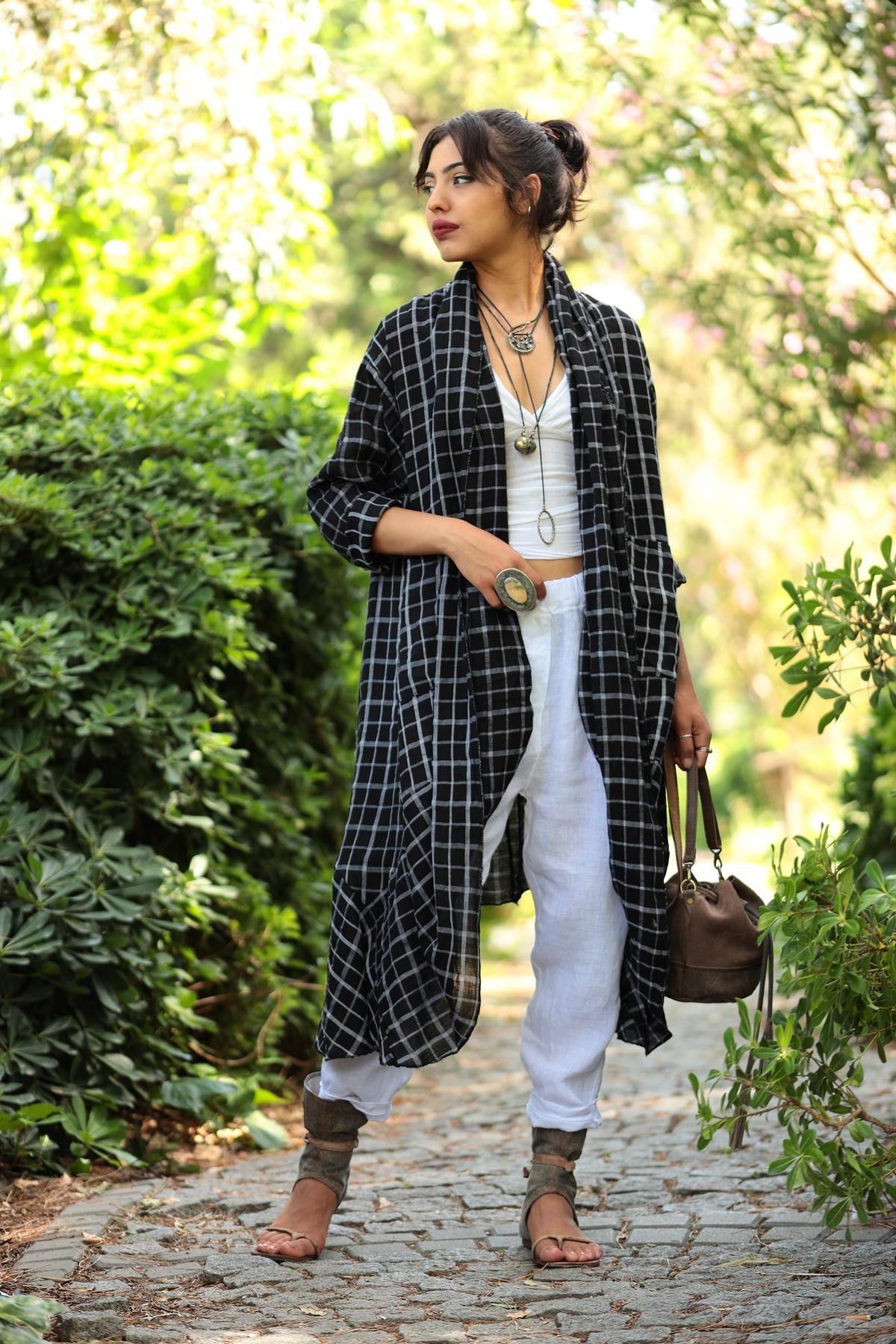 Siyah Kareli Cepli Keten Kaftan - Şaman Butik Siyah Kareli Cepli Keten Kaftan