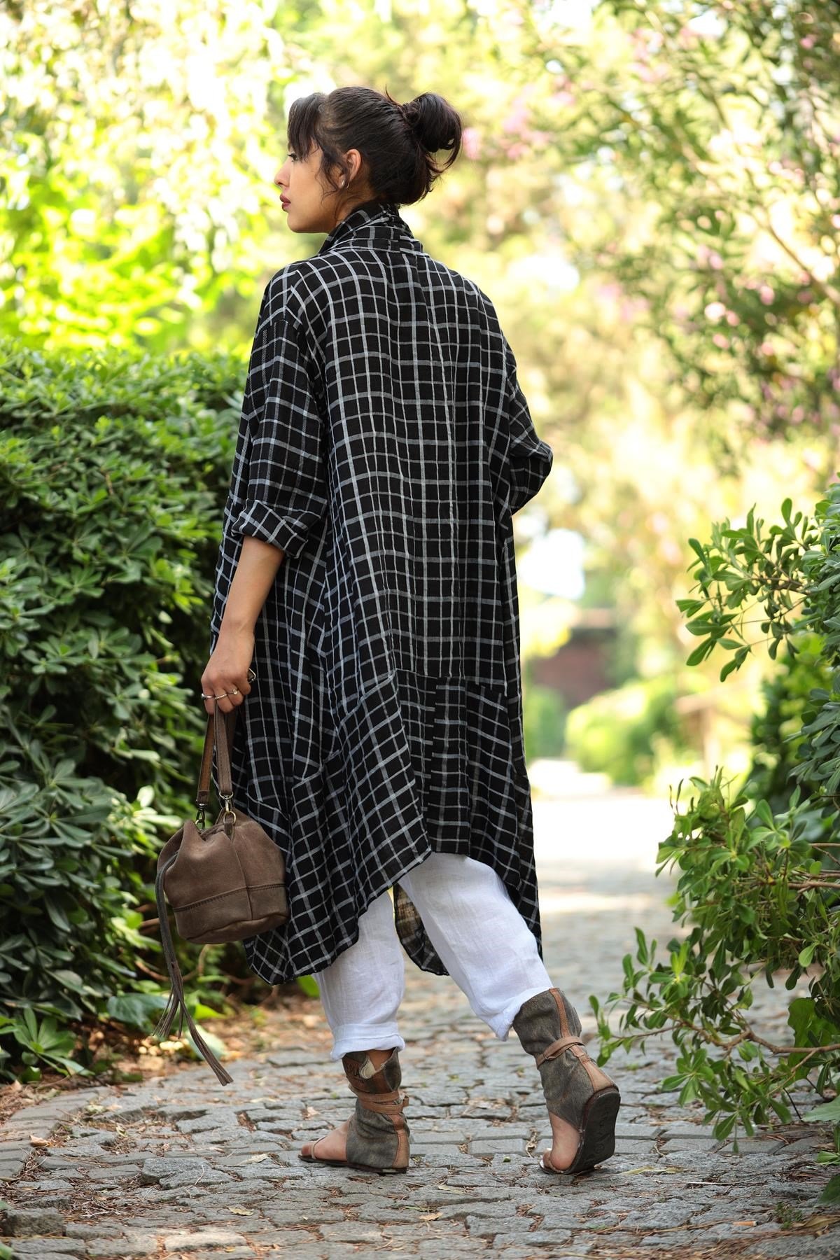 Siyah Kareli Cepli Keten Kaftan - Şaman Butik Siyah Kareli Cepli Keten Kaftan