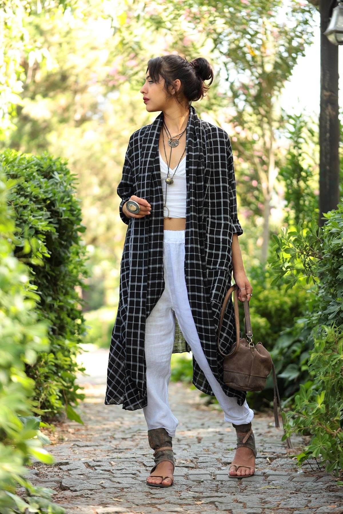 Siyah Kareli Cepli Keten Kaftan - Şaman Butik Siyah Kareli Cepli Keten Kaftan
