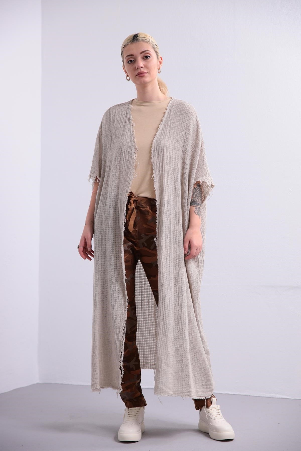 Taş Rengi Pamuk İplik Salaş Kaftan - Şaman Butik Taş Rengi Pamuk İplik Salaş Kaftan