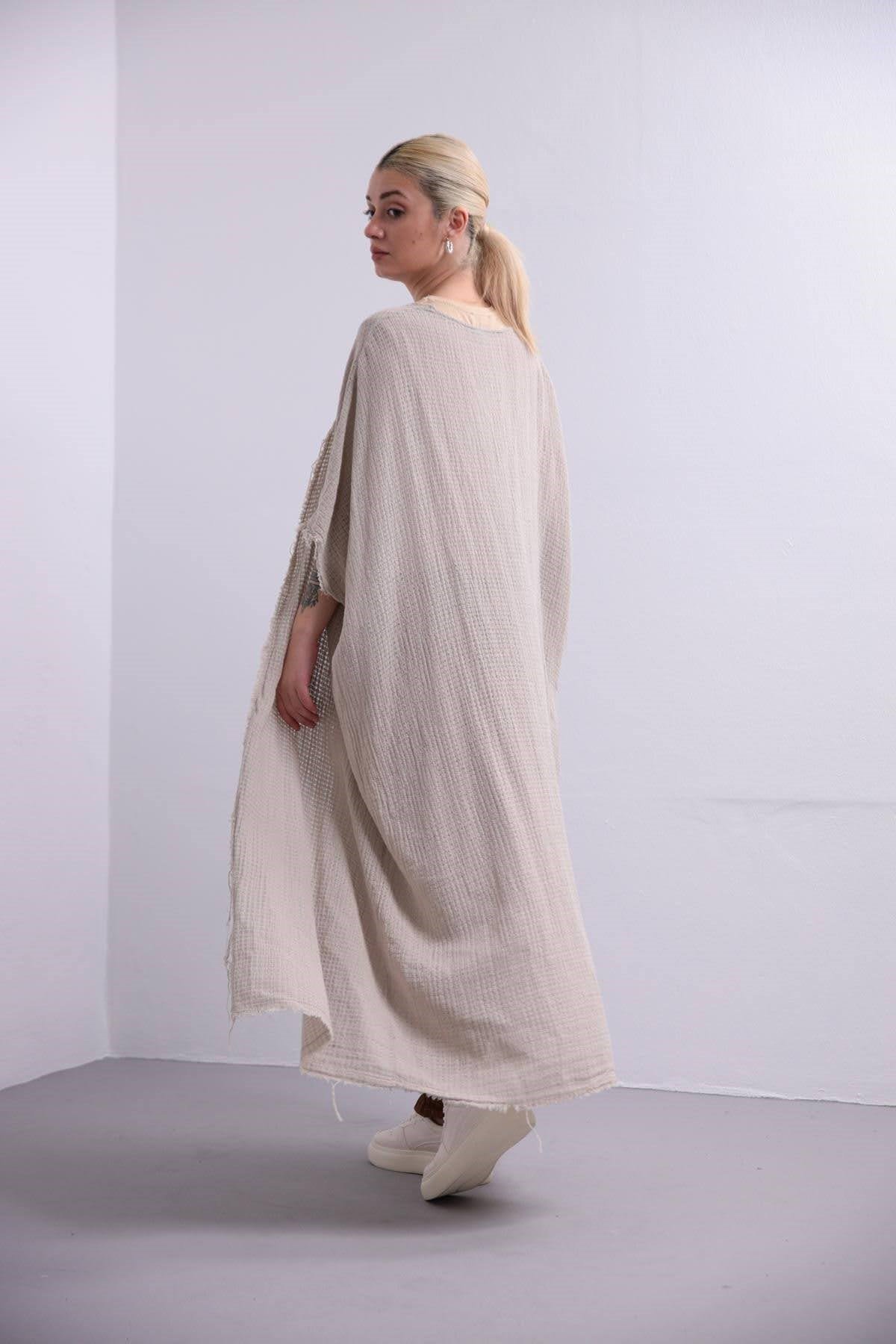 Taş Rengi Pamuk İplik Salaş Kaftan - Şaman Butik Taş Rengi Pamuk İplik Salaş Kaftan