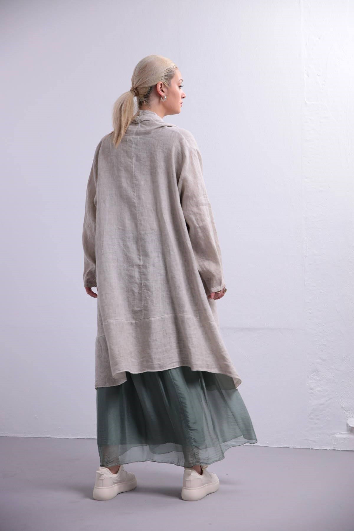 Taş Rengi Şal Yaka Yağ Yıkama Kaftan - Şaman Butik Taş Rengi Şal Yaka Yağ Yıkama Kaftan