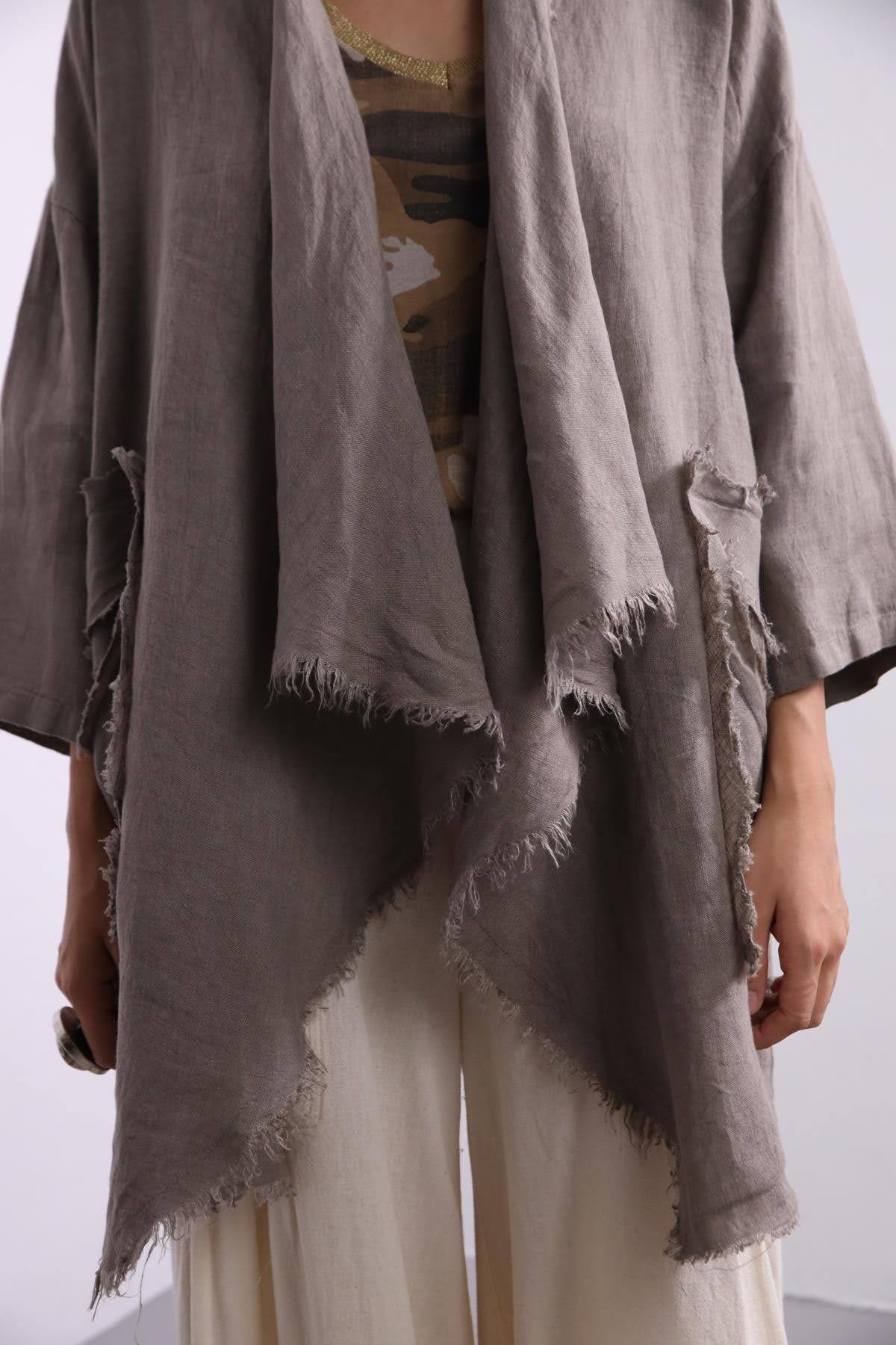 Vizon Rengi Dikiş Detay Saçaklı Keten Kaftan - Şaman Butik - Bohem Giyim ve Aksesuar | Kadın & Erkek Vizon Rengi Dikiş Detay Saçaklı Keten Kaftan