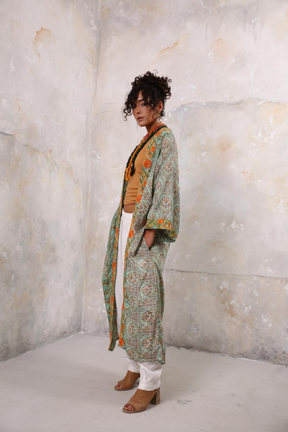 Yeşil Desenli İşleme Detaylı Kimono - Şaman Butik Yeşil Desenli İşleme Detaylı Kimono