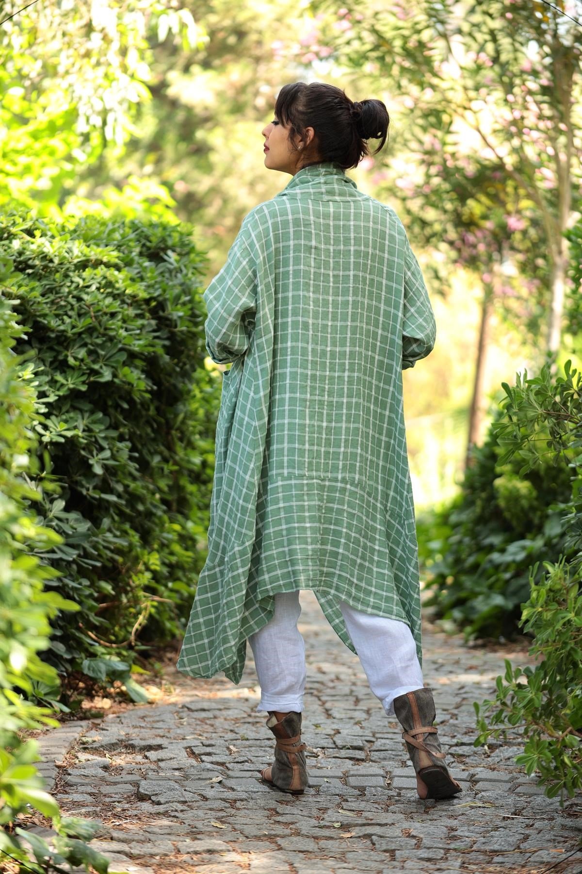 Yeşil Kareli Cepli Keten Kaftan - Şaman Butik Yeşil Kareli Cepli Keten Kaftan