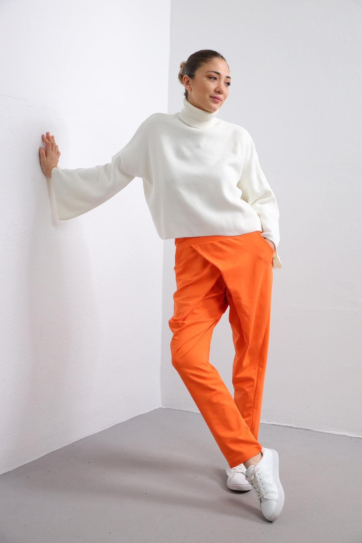 Ecru Turtleneck Wide Sleeve Loose Knitwear Pullover - Saman Butik | Shop Online Ecru Turtleneck Wide Sleeve Loose Knitwear Pullover