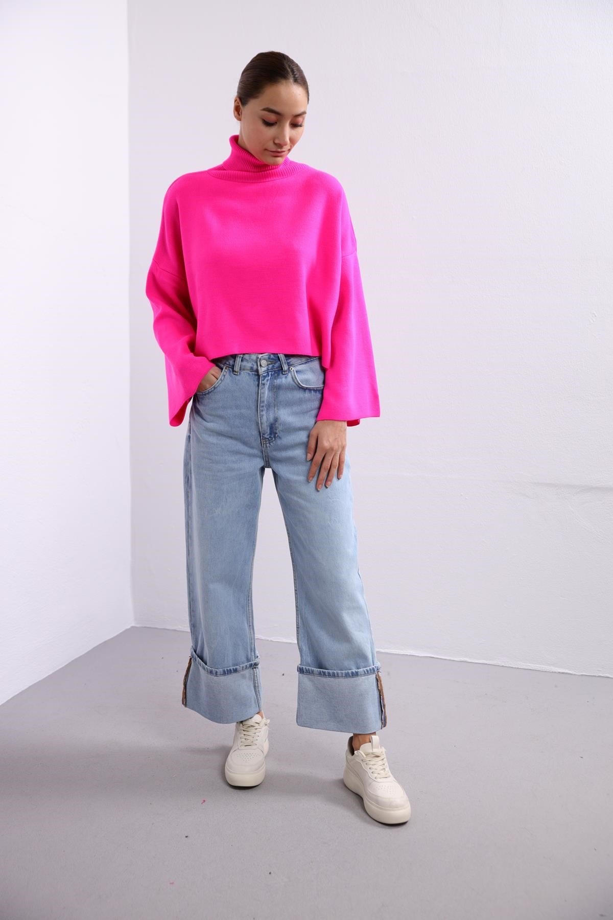 Pink Turtleneck Wide Sleeve Loose Knitwear Pullover - Saman Butik | Shop Online Pink Turtleneck Wide Sleeve Loose Knitwear Pullover