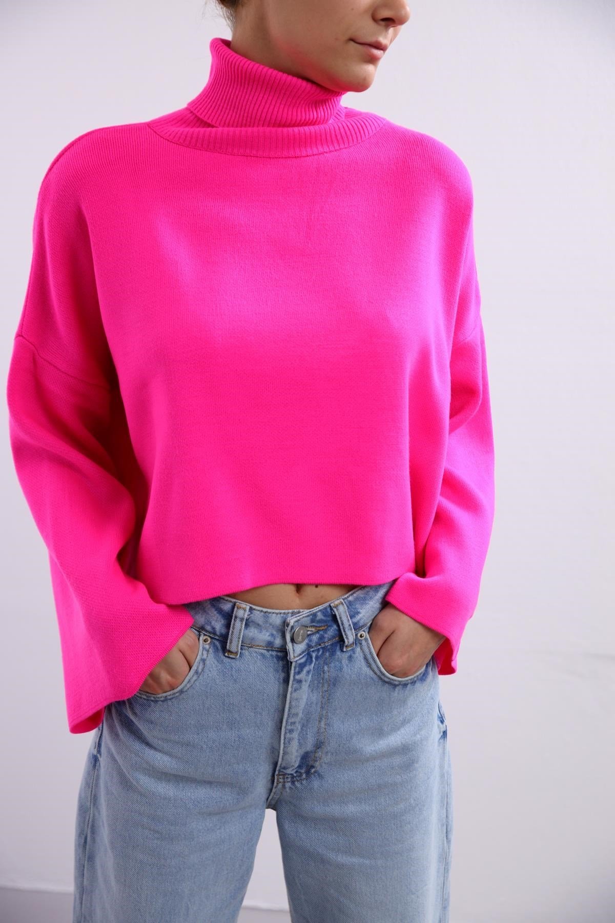 Pink Turtleneck Wide Sleeve Loose Knitwear Pullover - Saman Butik | Shop Online Pink Turtleneck Wide Sleeve Loose Knitwear Pullover