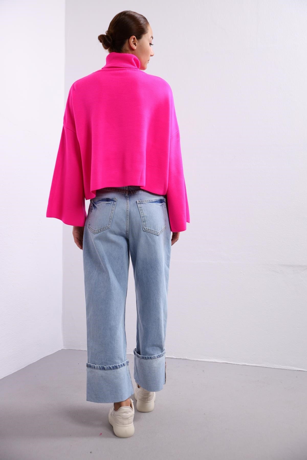 Pink Turtleneck Wide Sleeve Loose Knitwear Pullover - Saman Butik | Shop Online Pink Turtleneck Wide Sleeve Loose Knitwear Pullover