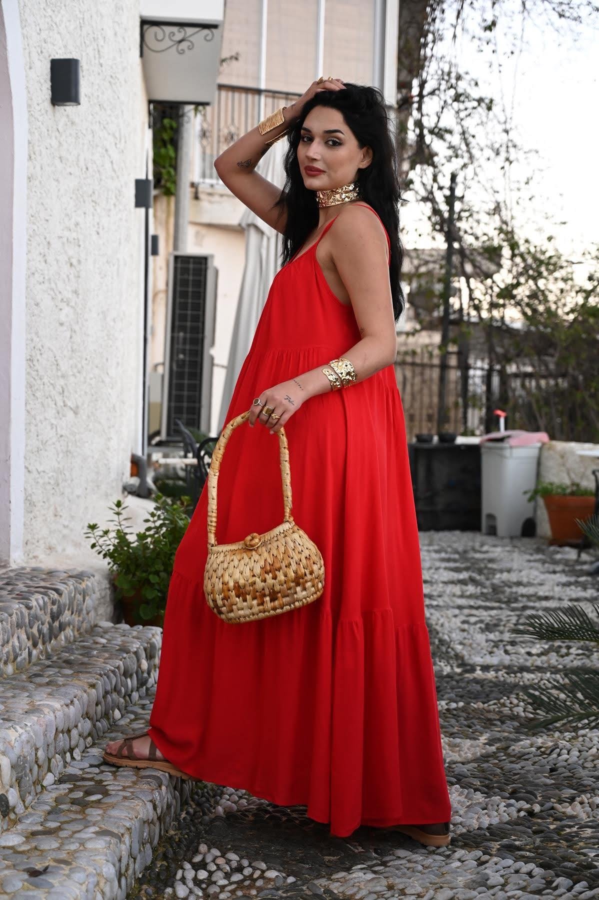 Red Adjustable Strap Maxi Dress