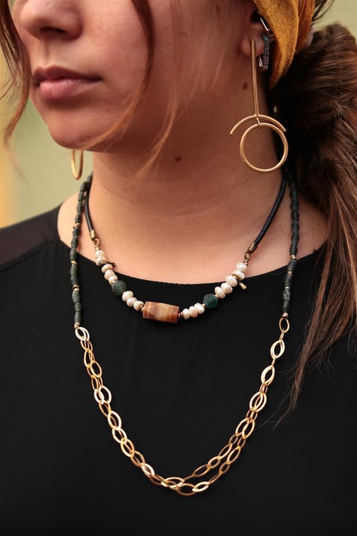 Çift Sıra Bronz Zincirli Antika Cam Tasarım Kolye - Şaman Butik Çift Sıra Bronz Zincirli Antika Cam Tasarım Kolye
