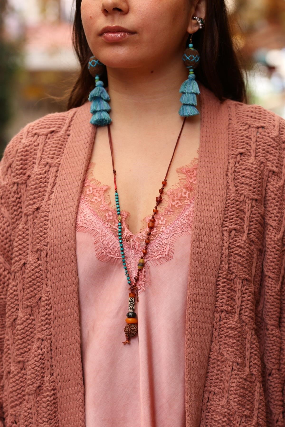 Rudraksha Pendant Turquoise Necklace - Şaman Butik | Boho Fashion Rudraksha Pendant Turquoise Necklace