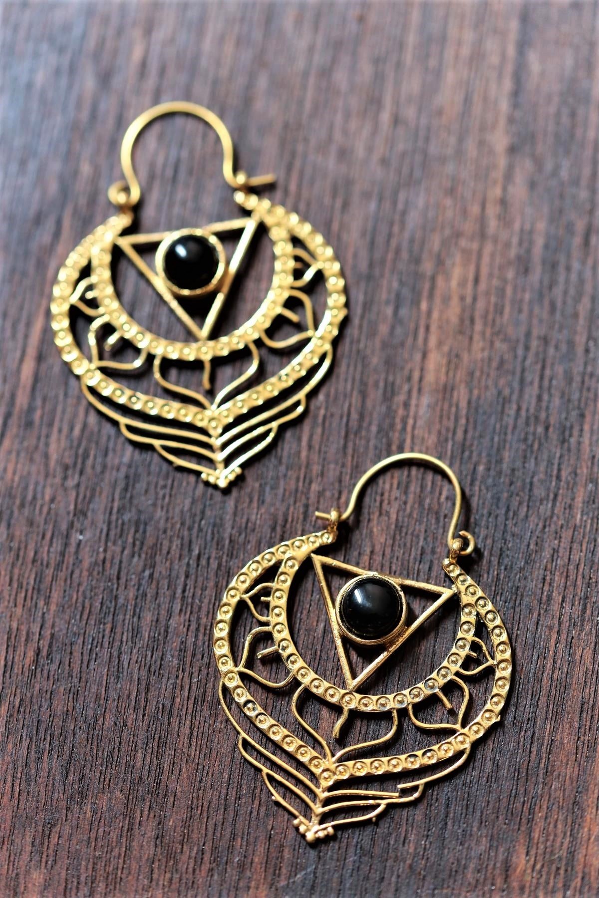  Bronz Antik İşlemeli Doğal Taşlı Tasarım Küpe