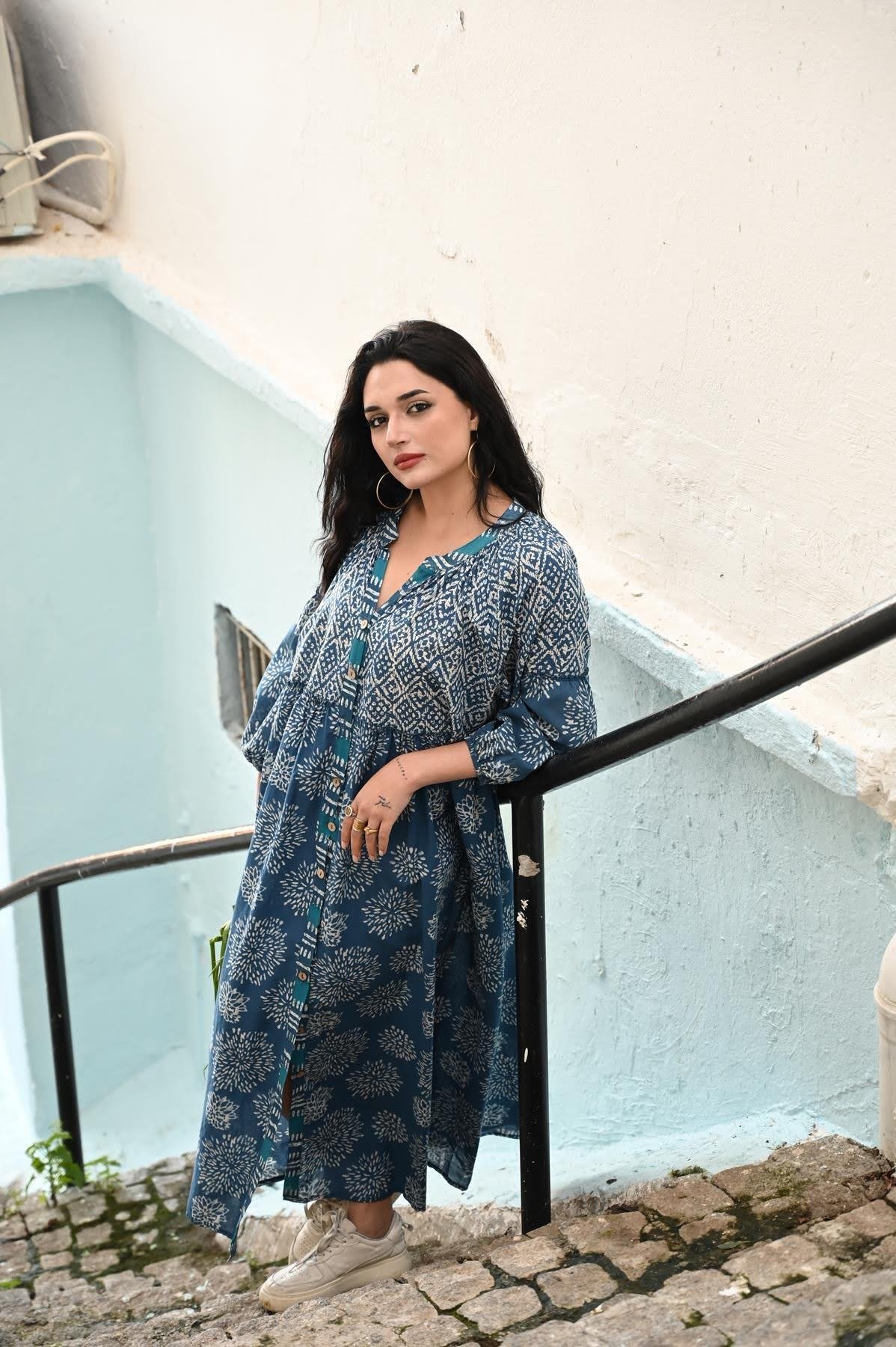 Dark Blue Tribal Patterned Shirt Dress