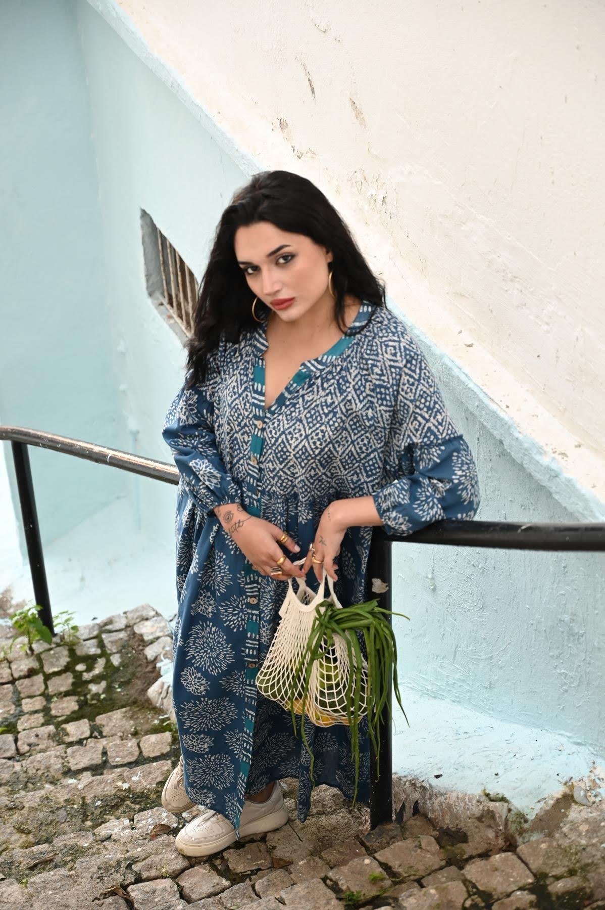 Dark Blue Tribal Patterned Shirt Dress