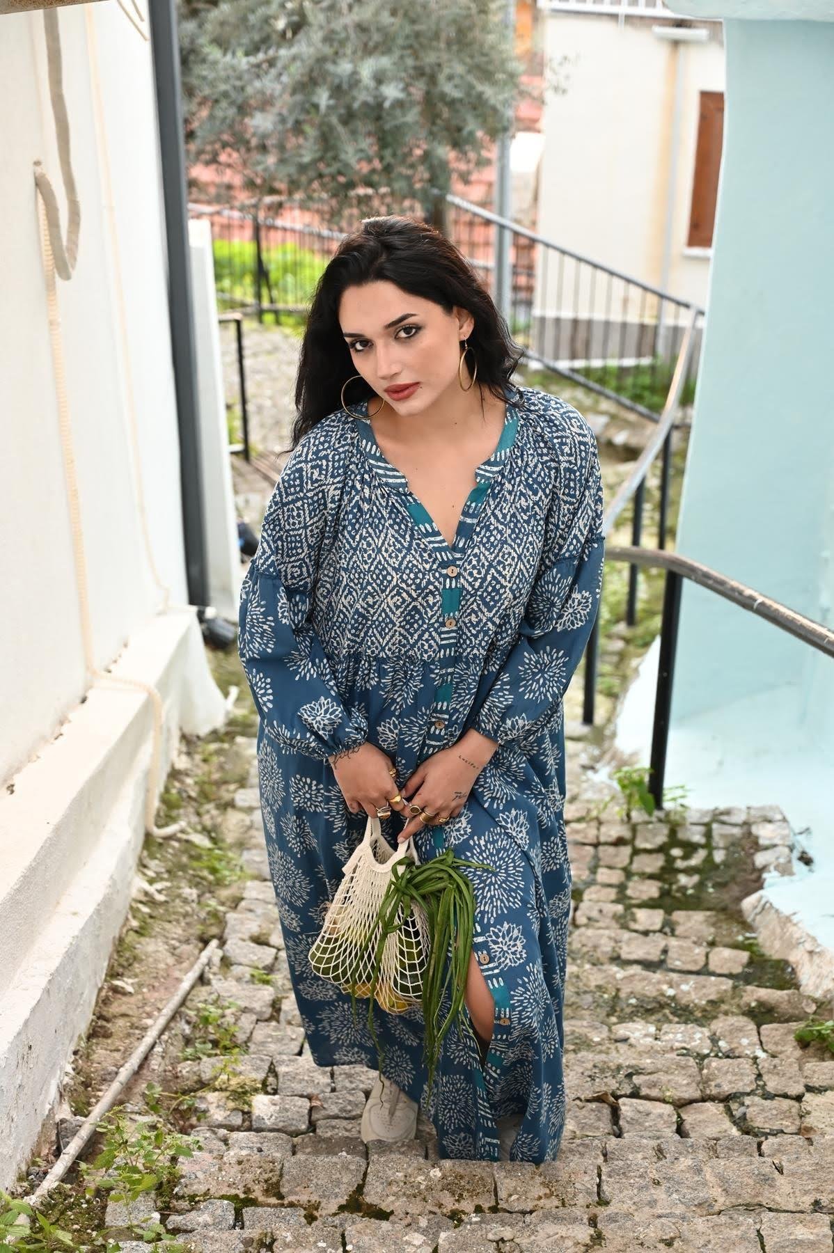 Dark Blue Tribal Patterned Shirt Dress