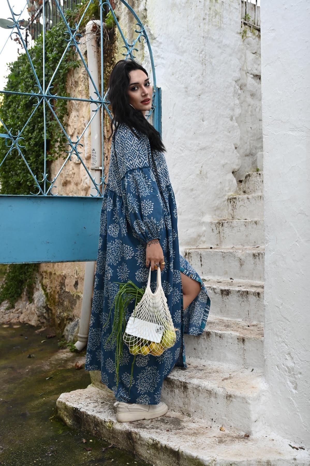 Dark Blue Tribal Patterned Shirt Dress