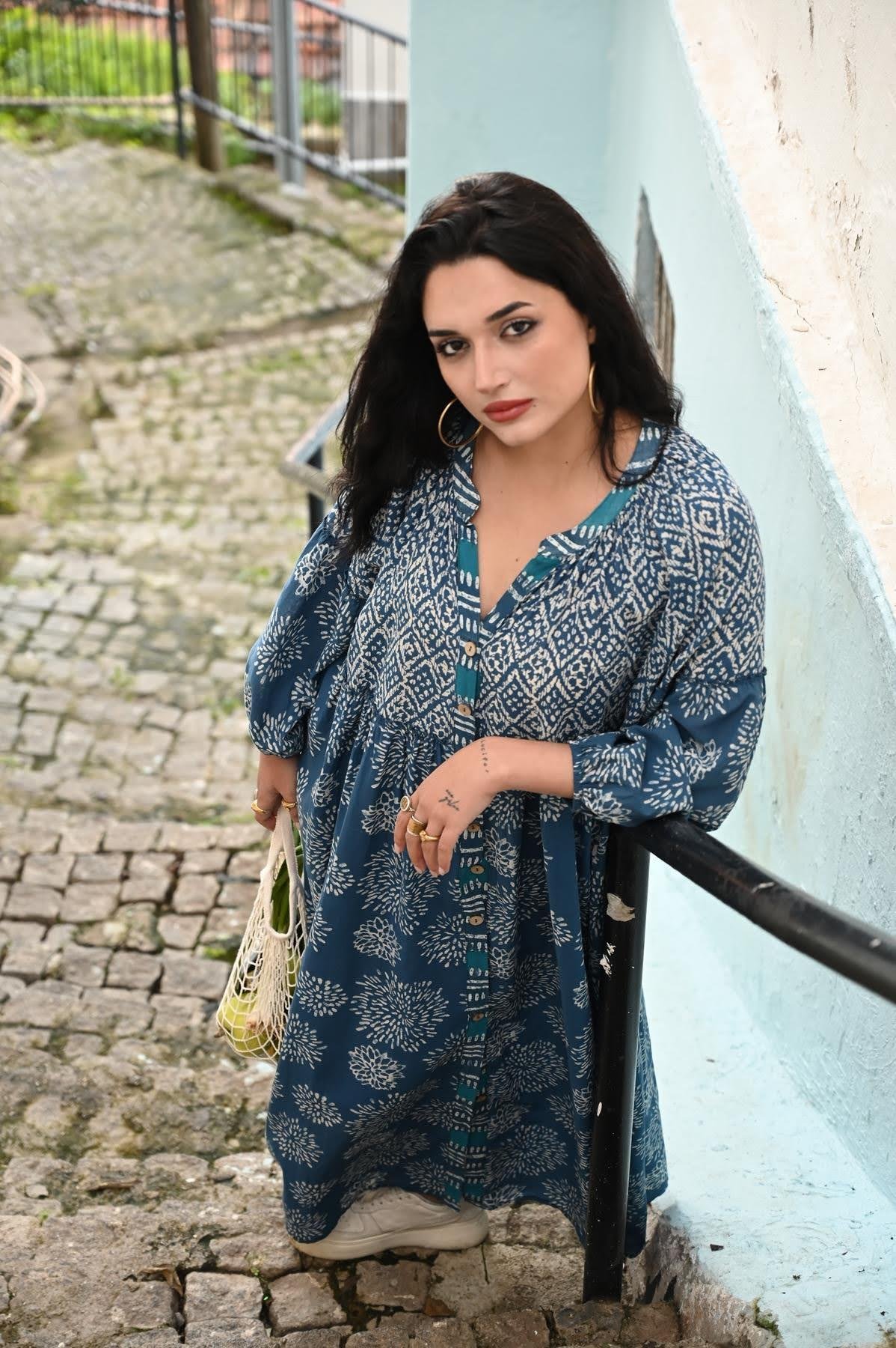 Dark Blue Tribal Patterned Shirt Dress