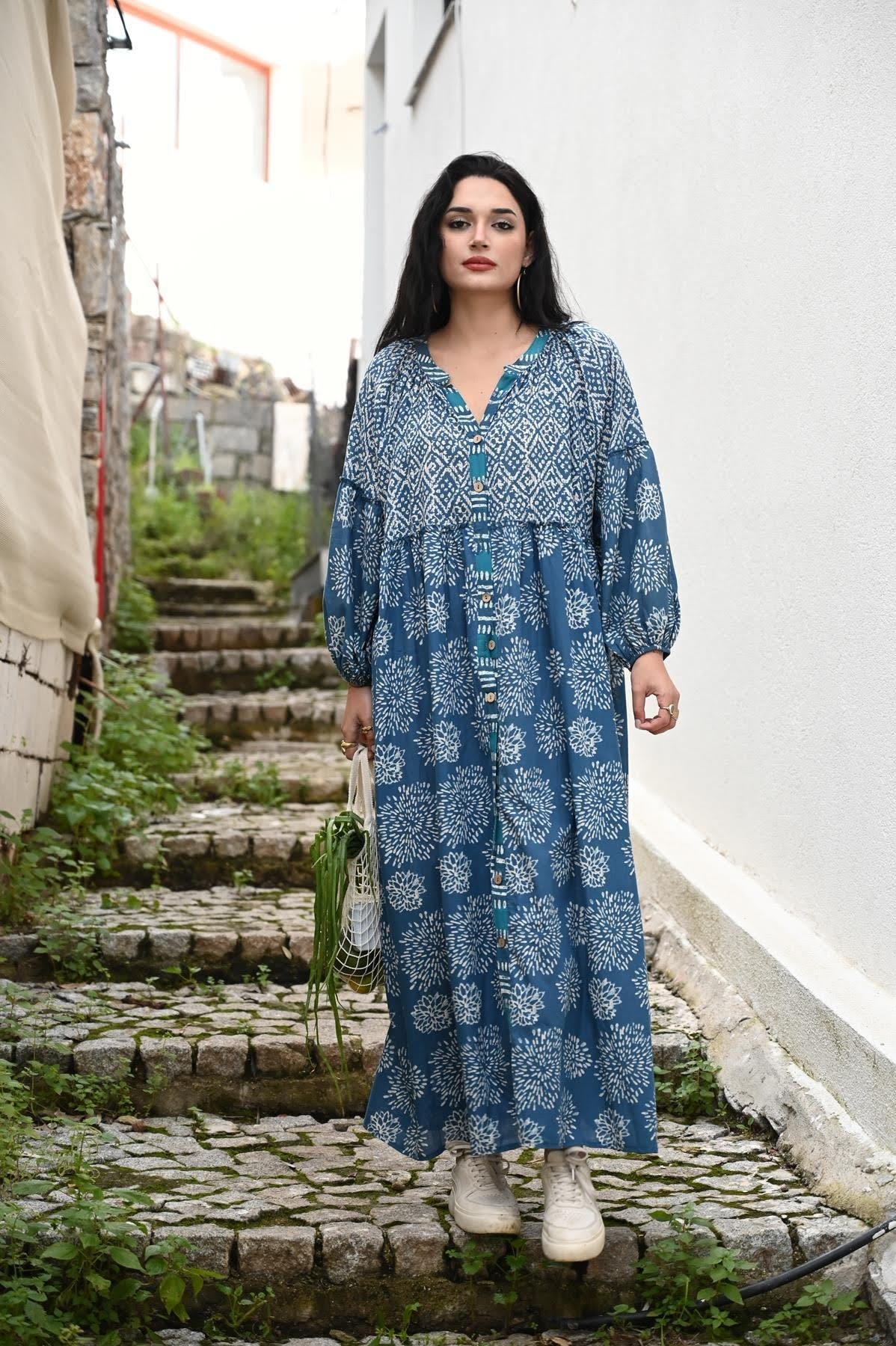 Dark Blue Tribal Patterned Shirt Dress
