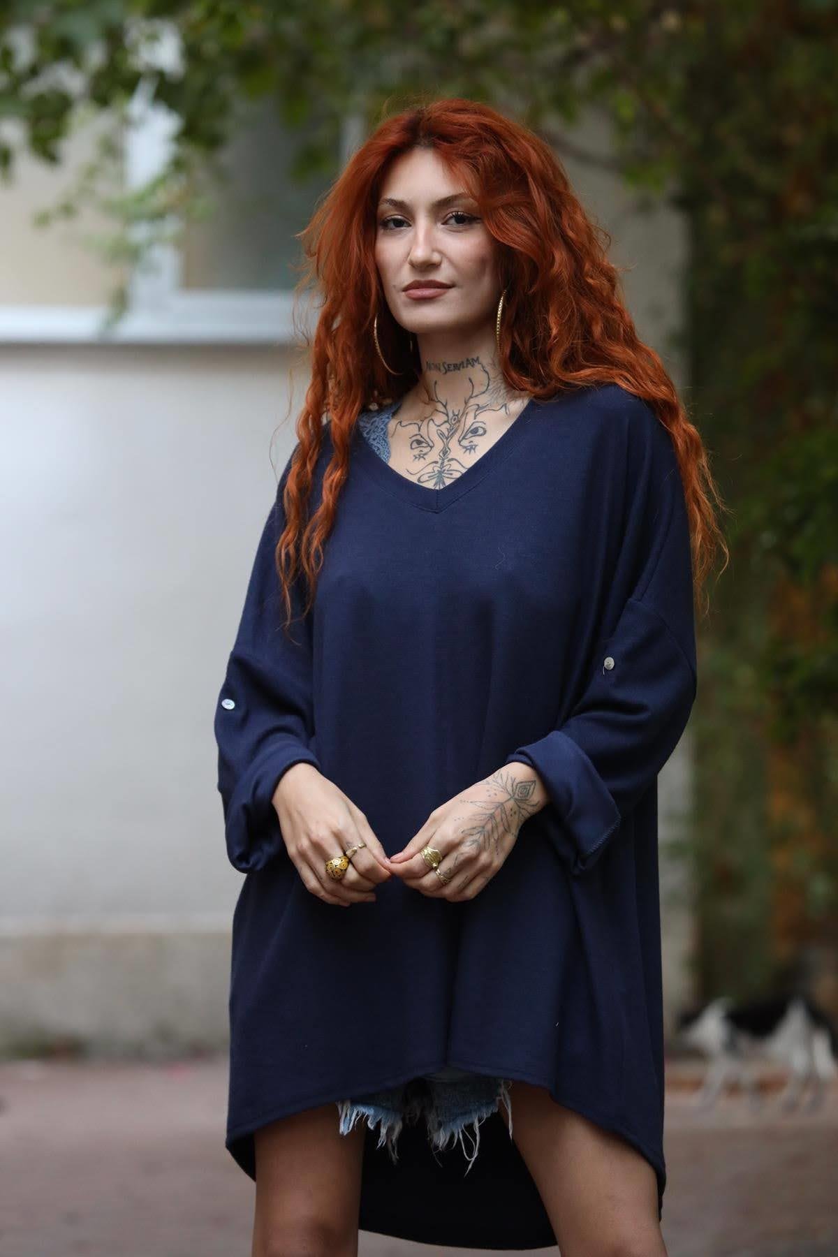 Lacivert V Yaka Kolları Apoletli Yumuşak Doku Tunik