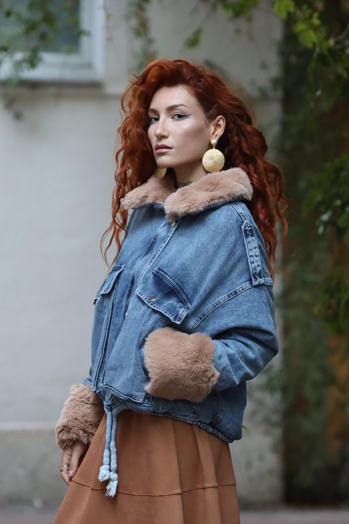 Blue Shoulder Epaulet Plush Big Pocket Denim Jacket