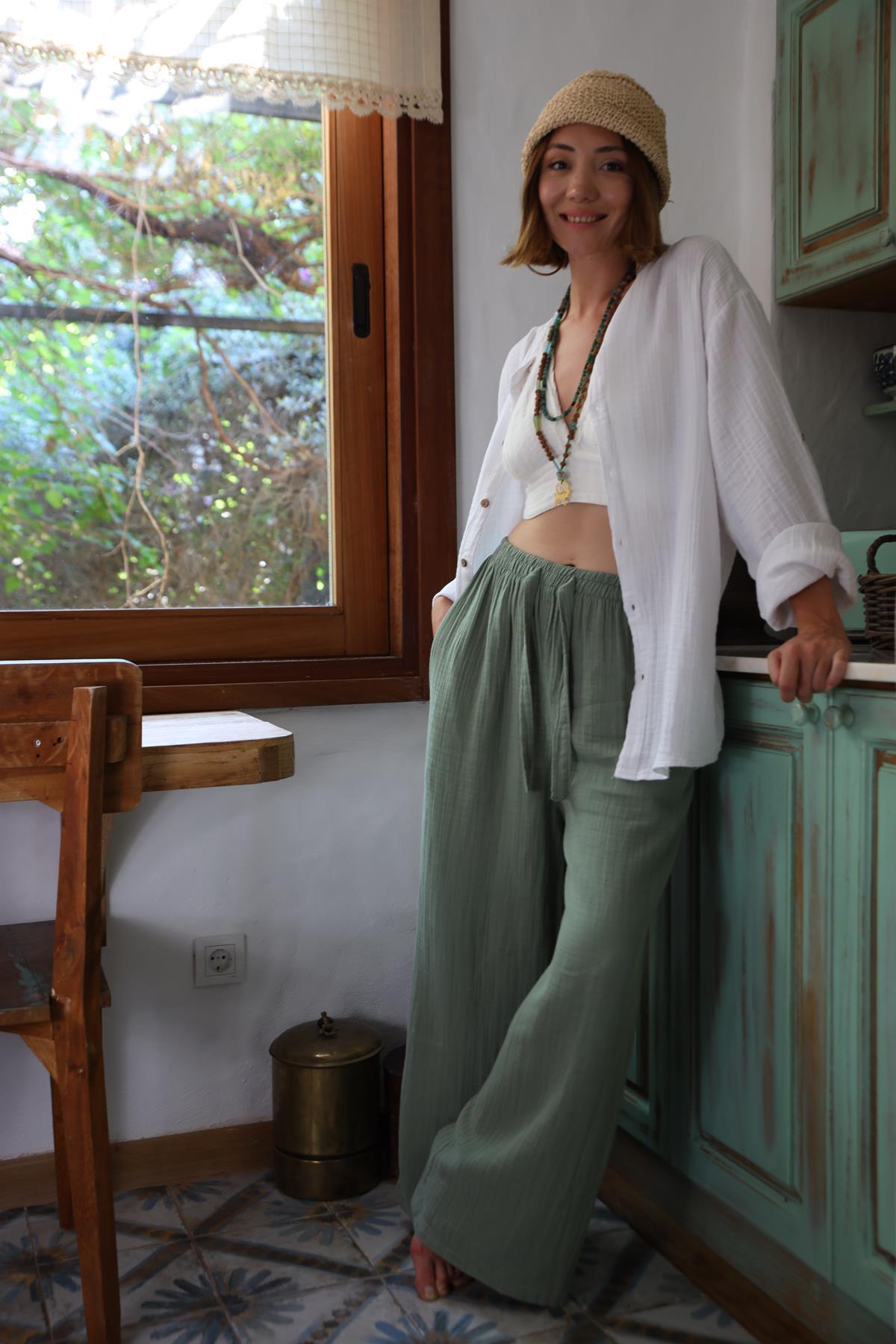 Mint Green Elastic Waist Muslin Pants