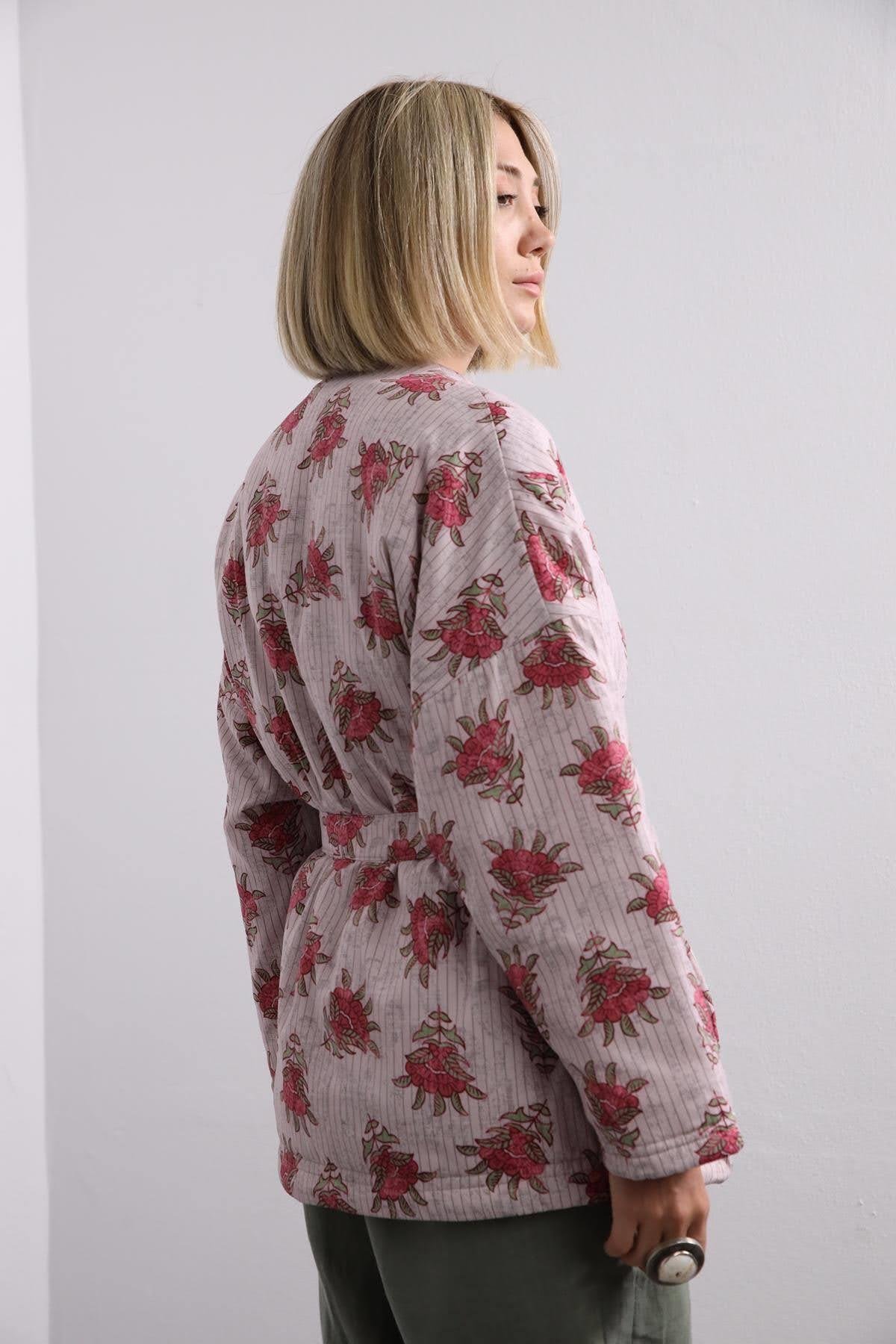 Light Pink Patterned Belted Puffer Jacket - Saman Butik | Shop Online Light Pink Patterned Belted Puffer Jacket