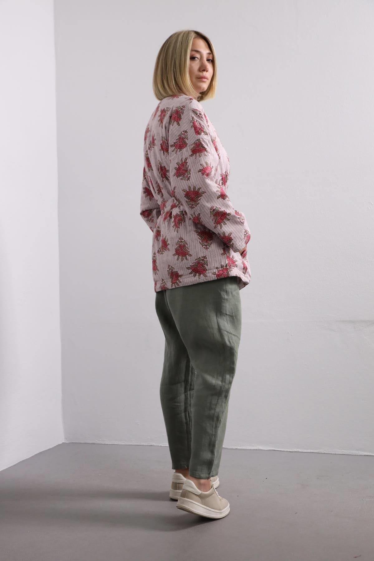 Light Pink Patterned Belted Puffer Jacket - Saman Butik | Shop Online Light Pink Patterned Belted Puffer Jacket