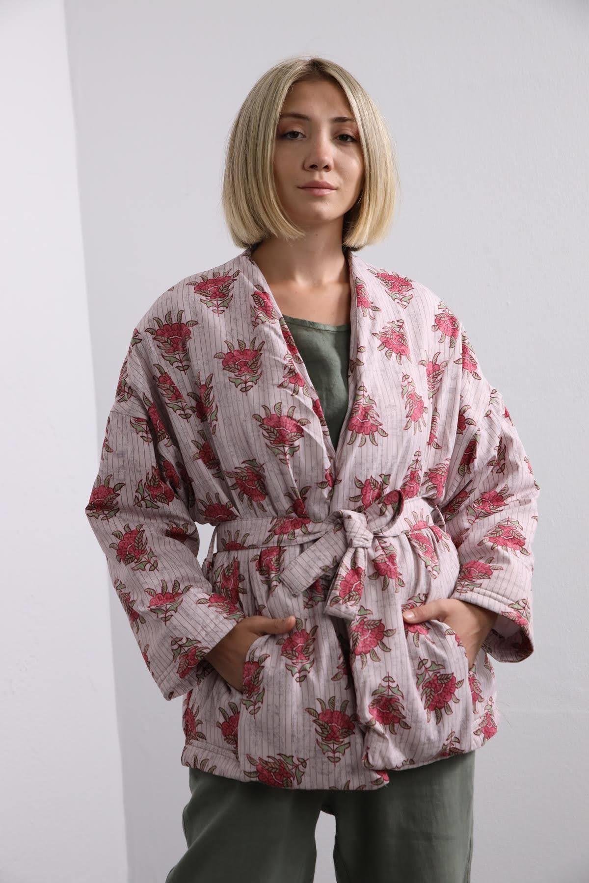 Light Pink Patterned Belted Puffer Jacket - Saman Butik | Shop Online Light Pink Patterned Belted Puffer Jacket