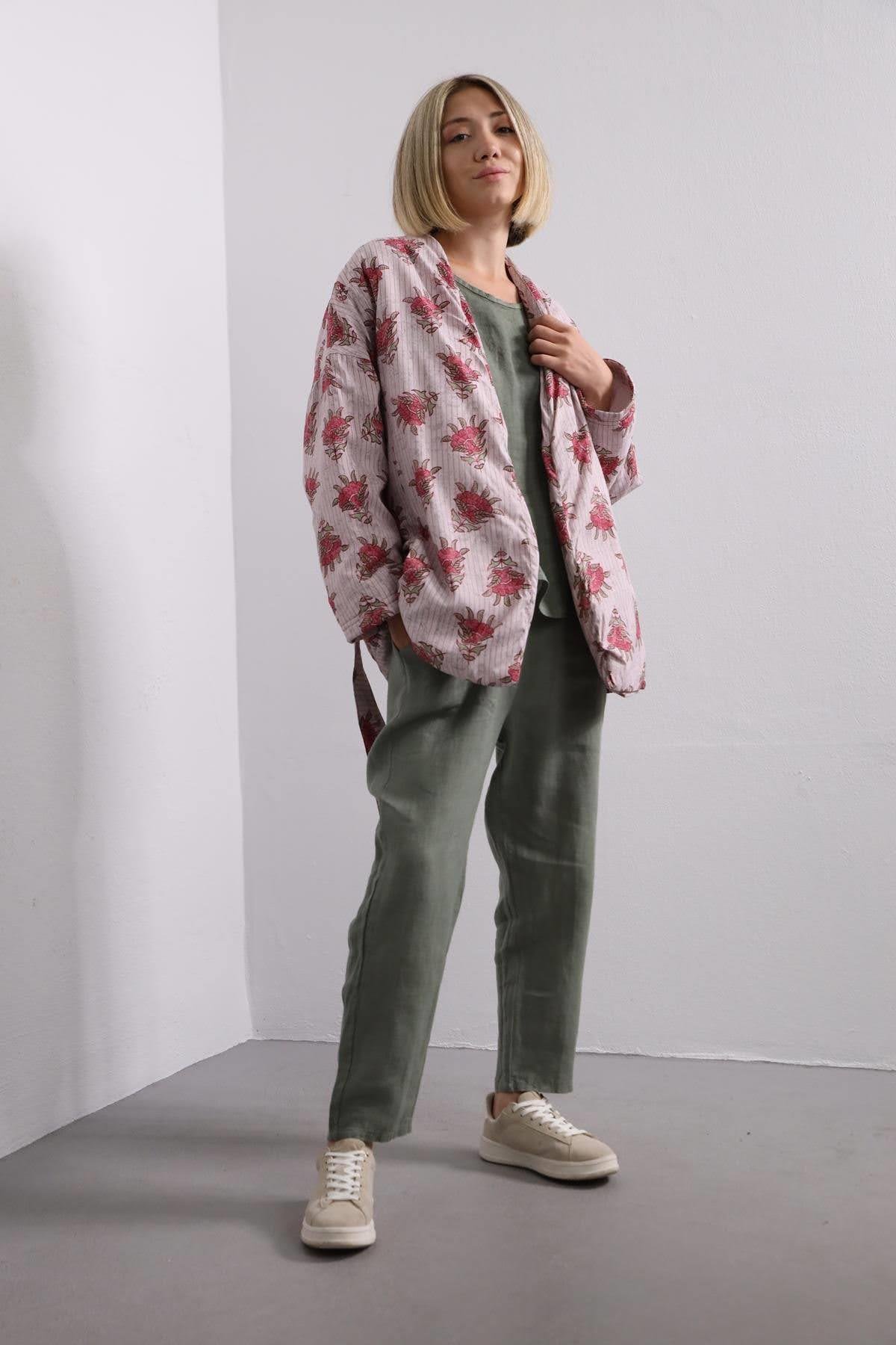 Light Pink Patterned Belted Puffer Jacket - Saman Butik | Shop Online Light Pink Patterned Belted Puffer Jacket